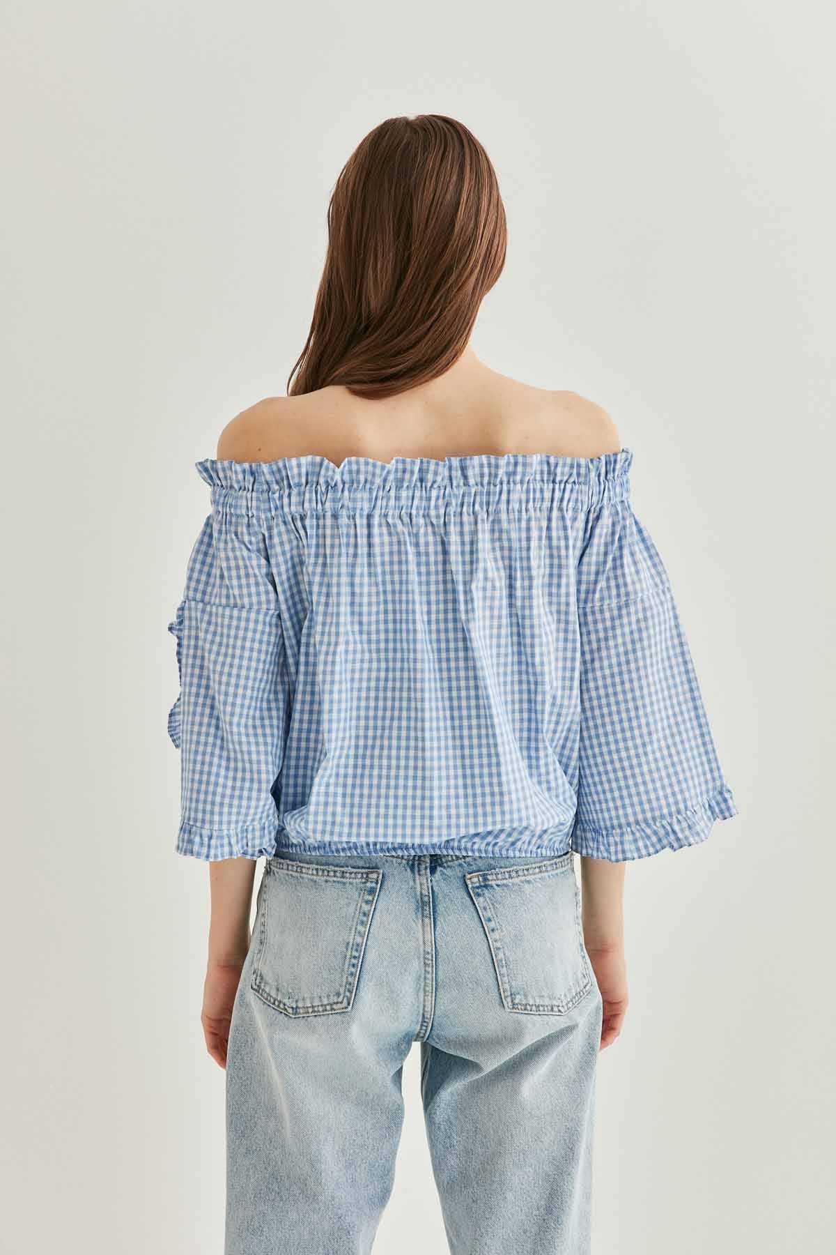 CHECKERED CARMEN COLLAR MINI BLOUSE