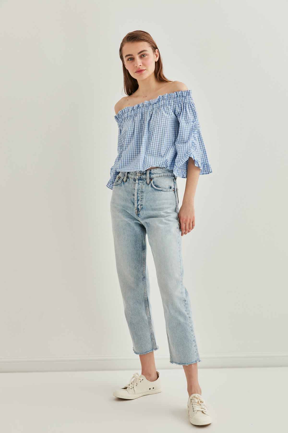 CHECKERED CARMEN COLLAR MINI BLOUSE
