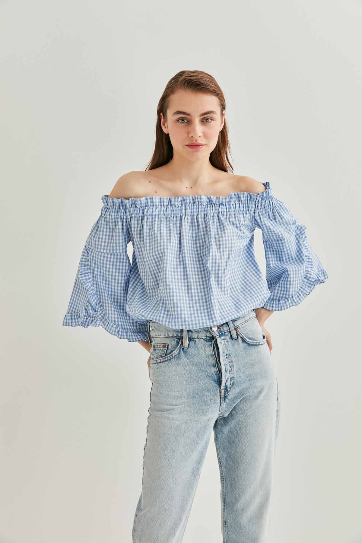 CHECKERED CARMEN COLLAR MINI BLOUSE