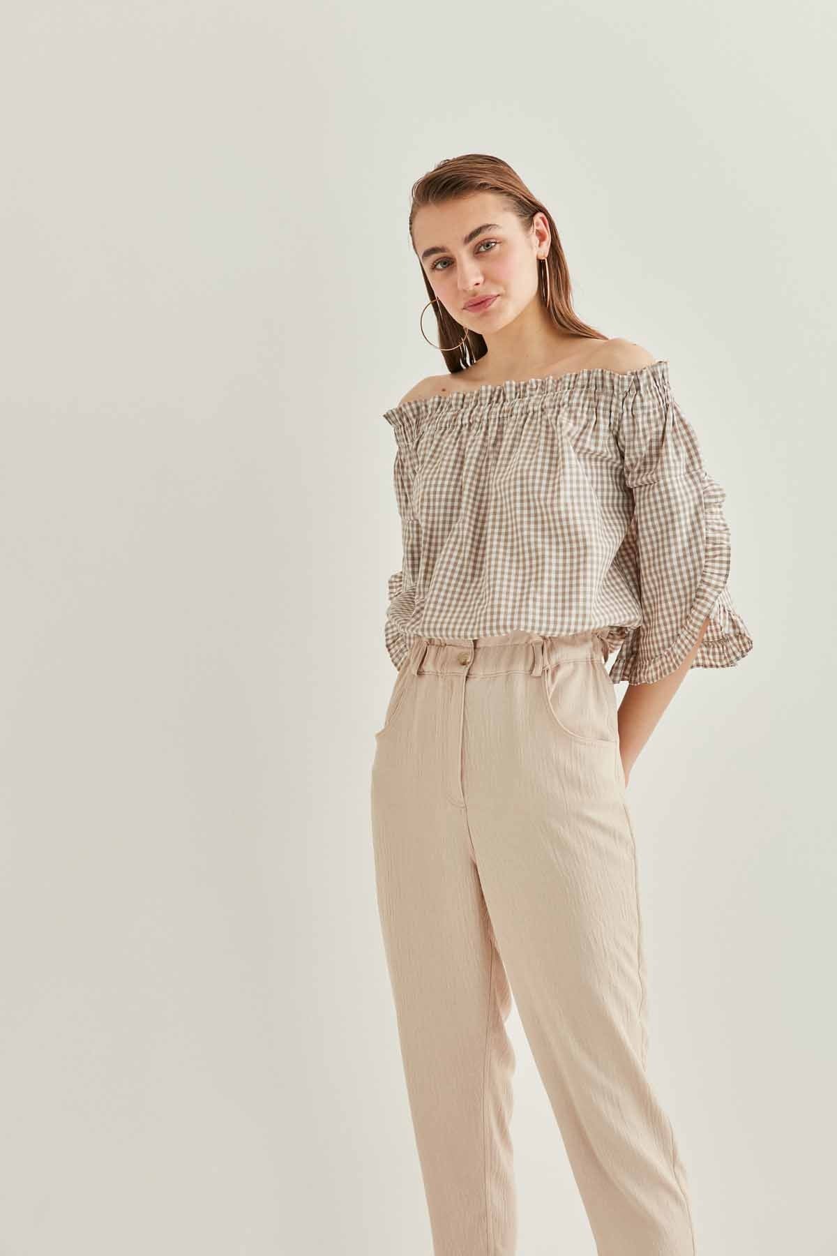 CHECKERED CARMEN COLLAR MINI BLOUSE