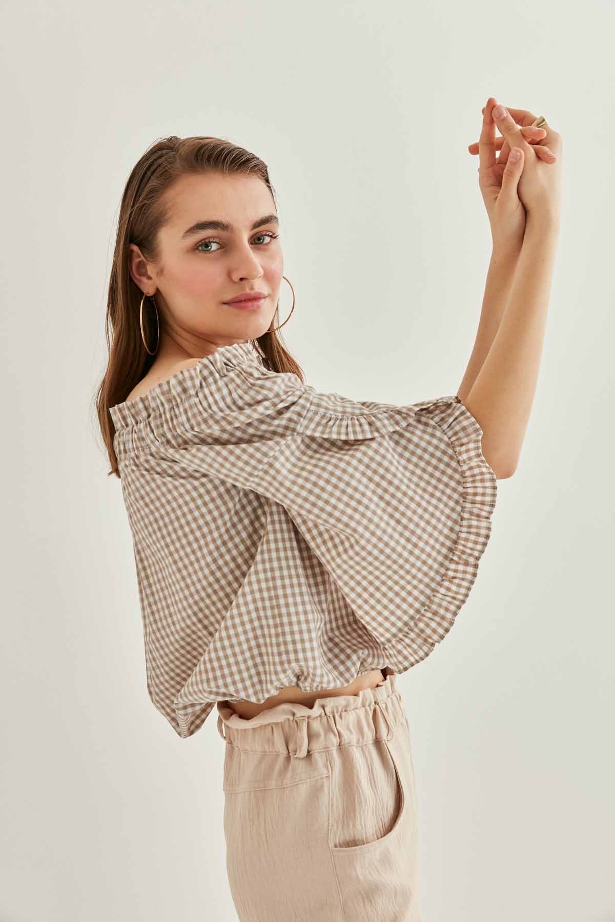 CHECKERED CARMEN COLLAR MINI BLOUSE