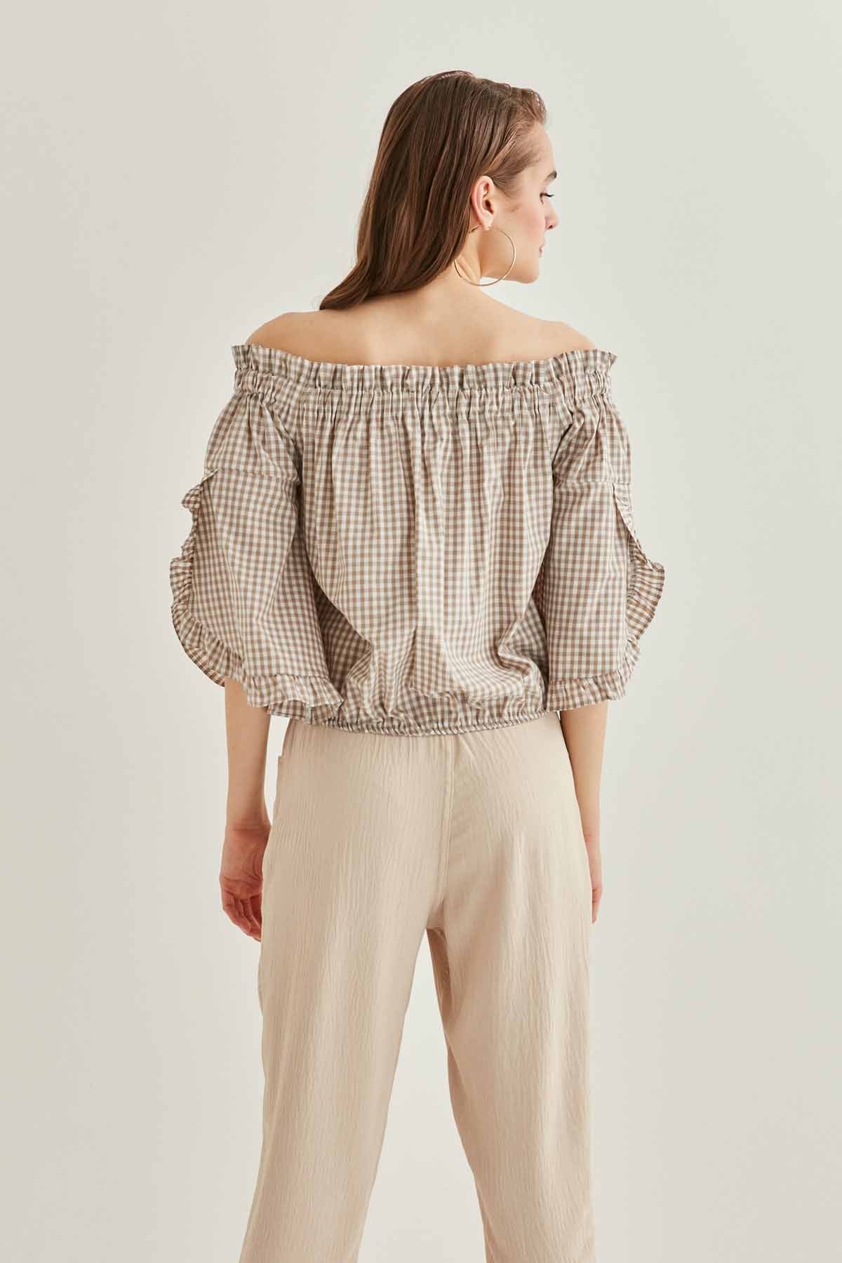 CHECKERED CARMEN COLLAR MINI BLOUSE