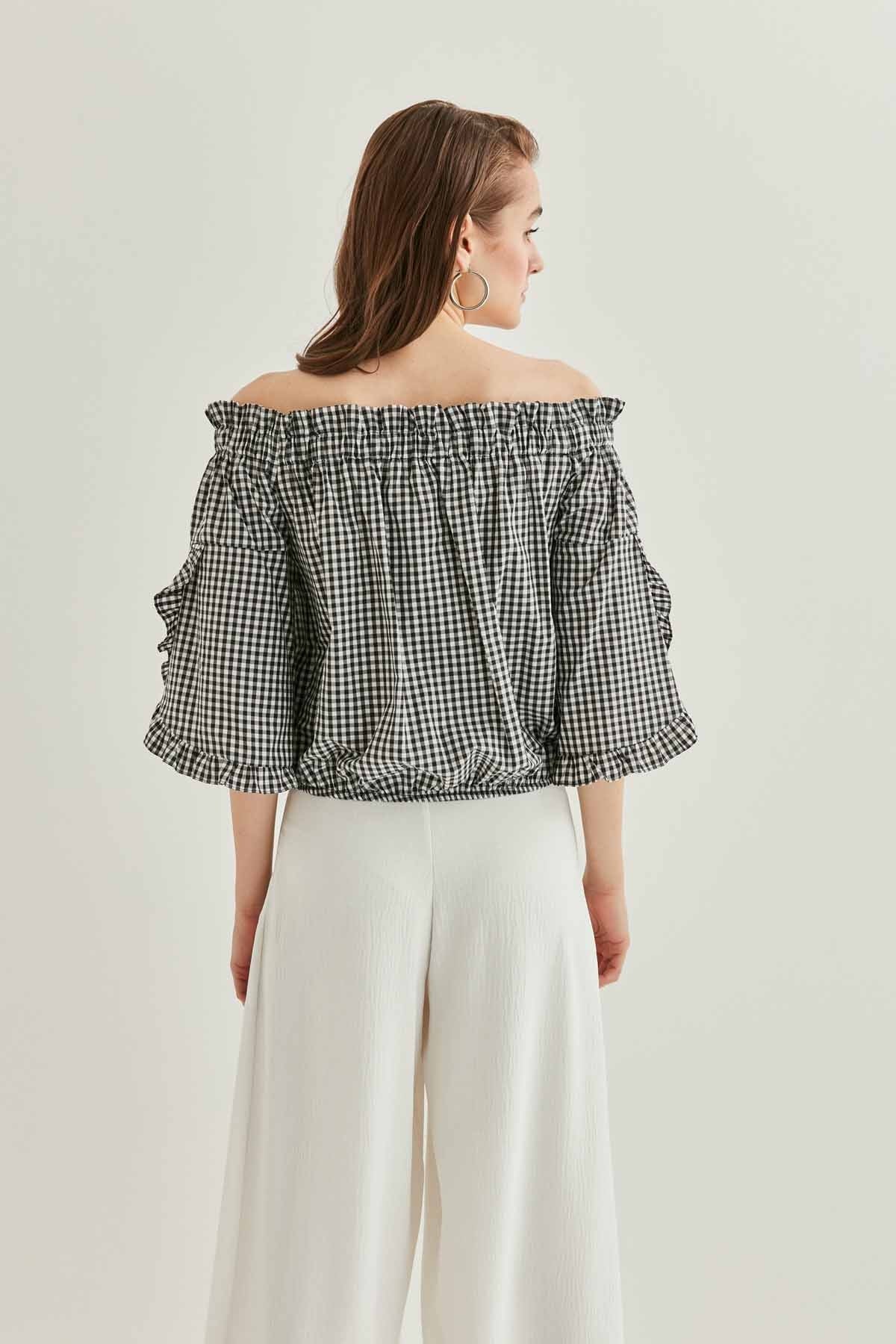 CHECKERED CARMEN COLLAR MINI BLOUSE