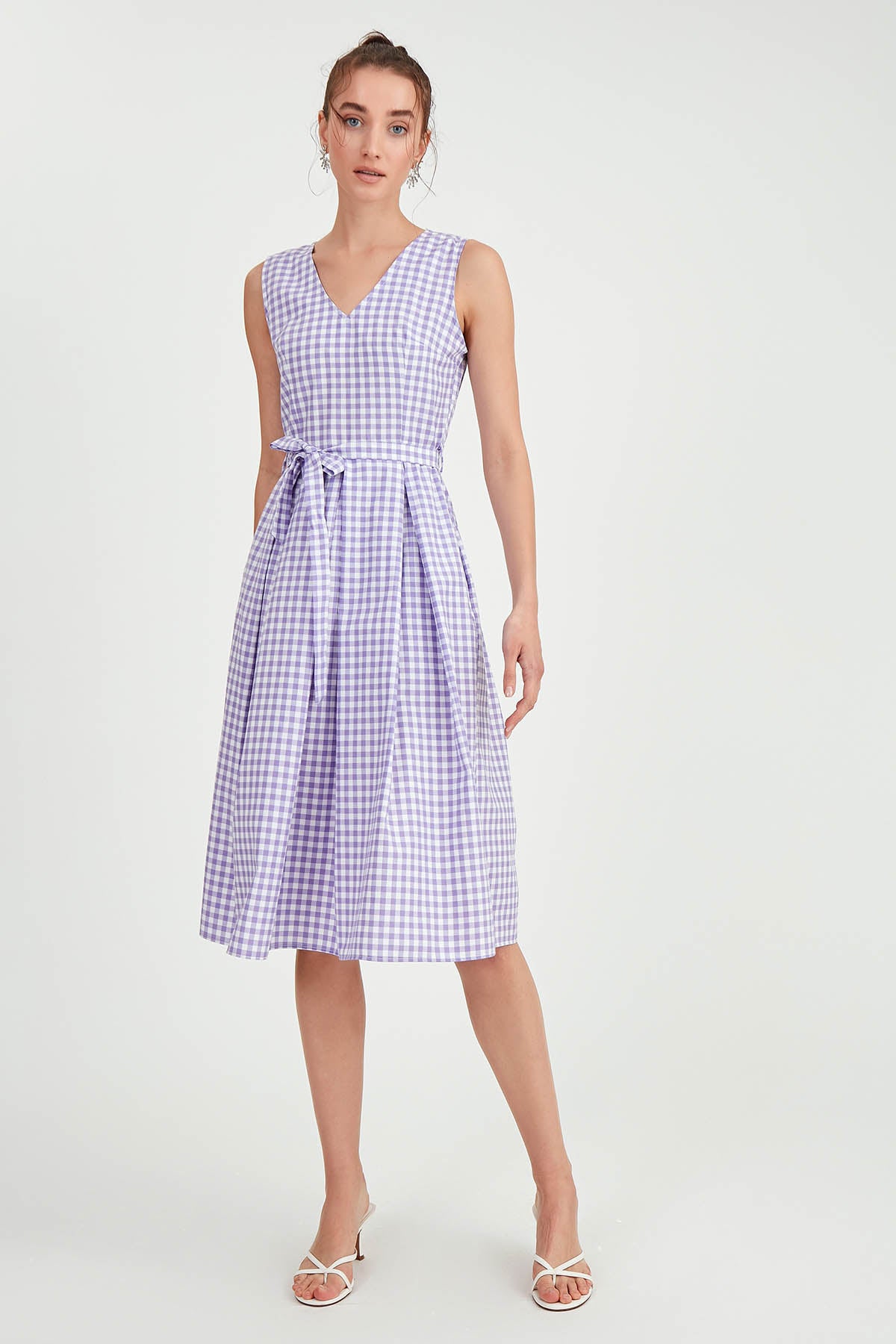 CHECKERED PATTERN BELT DRESS