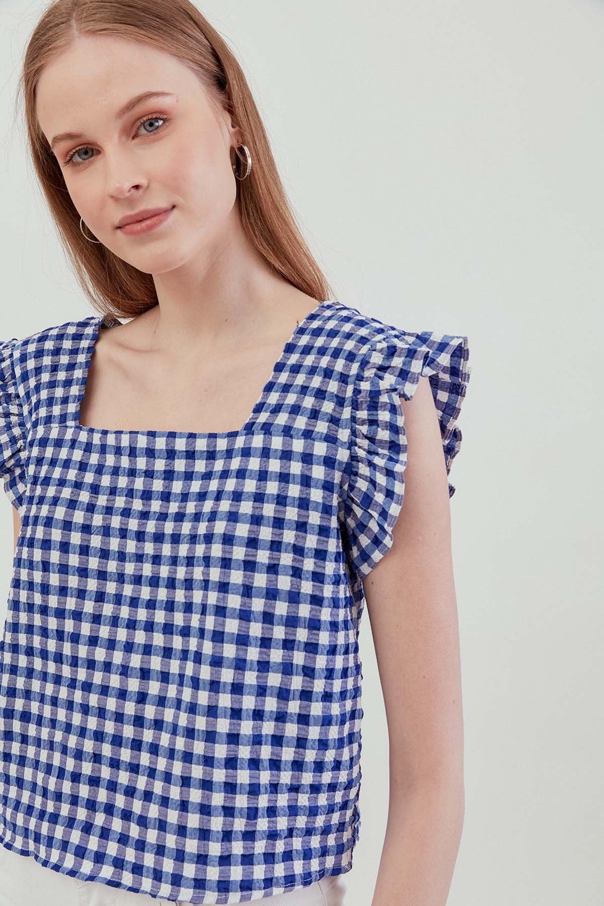 CHECKERED SQUARE COLLAR CROP BLOUSE