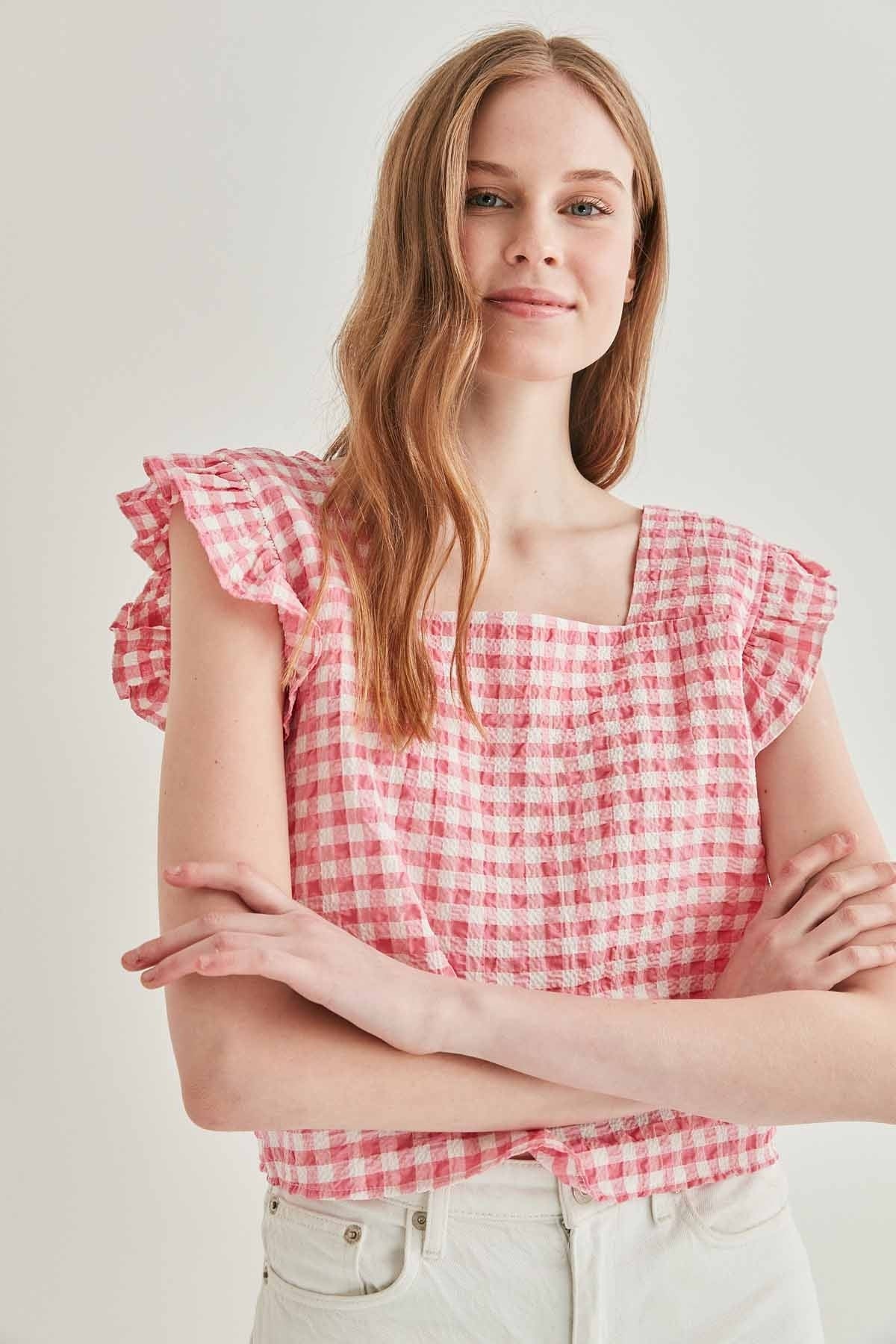 CHECKERED SQUARE COLLAR CROP BLOUSE