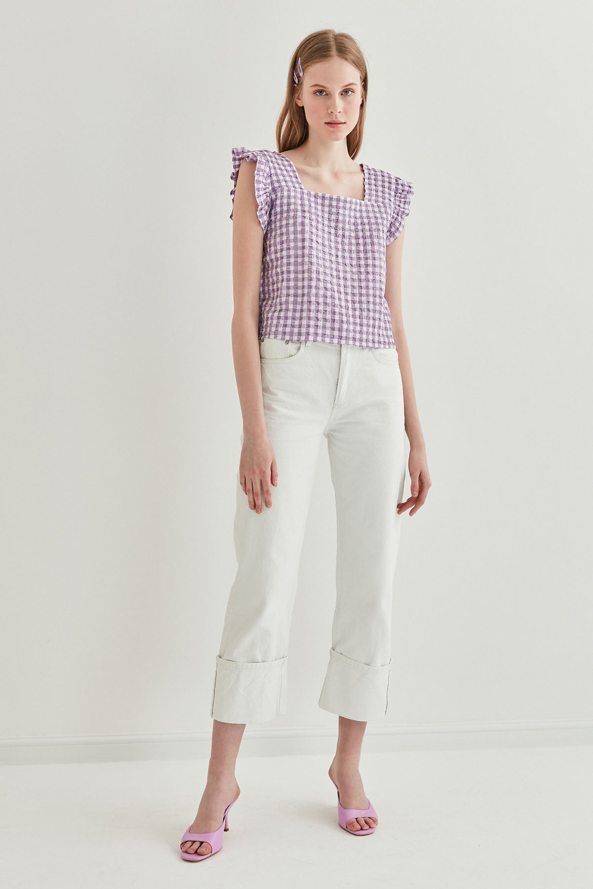 CHECKERED SQUARE COLLAR CROP BLOUSE