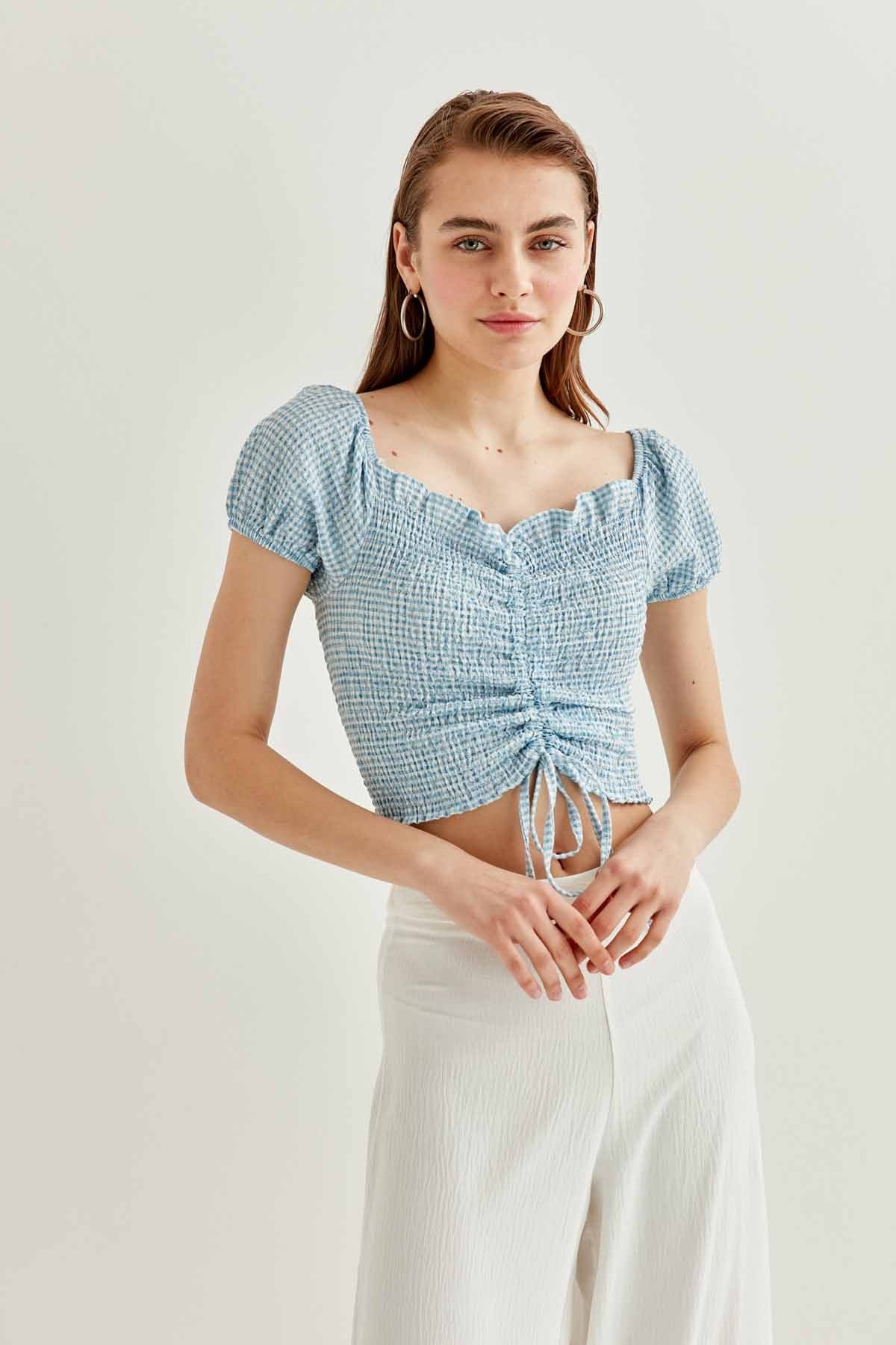 CHECKERED FRONT DRAWSTRING MINI BLOUSE