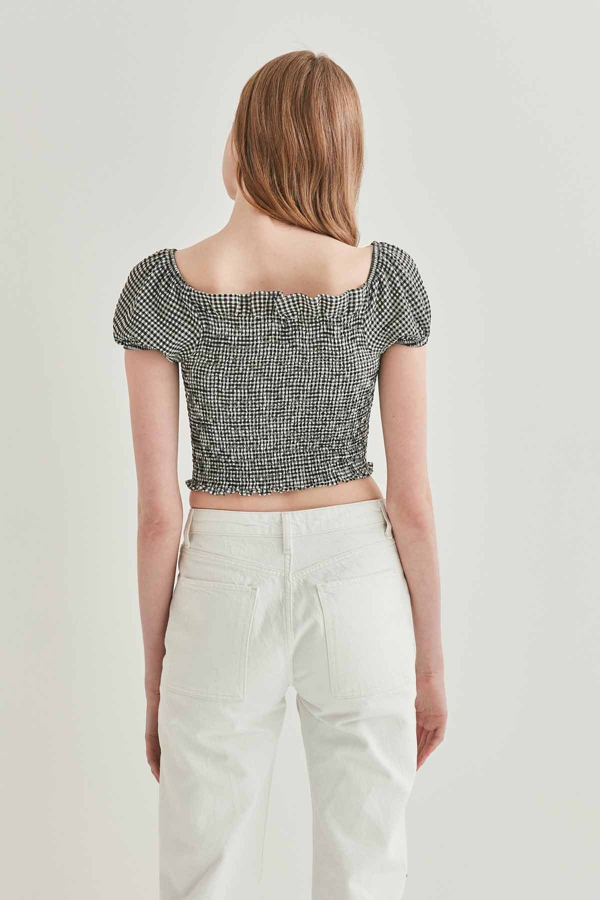 CHECKERED FRONT DRAWSTRING MINI BLOUSE