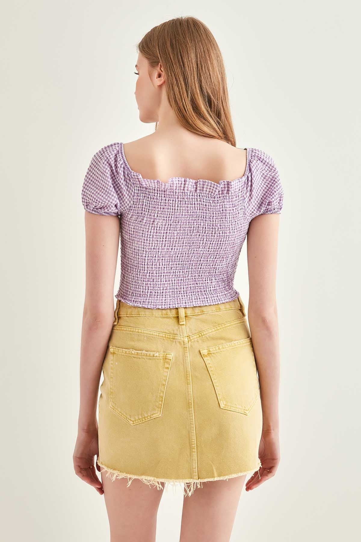 CHECKERED FRONT DRAWSTRING MINI BLOUSE