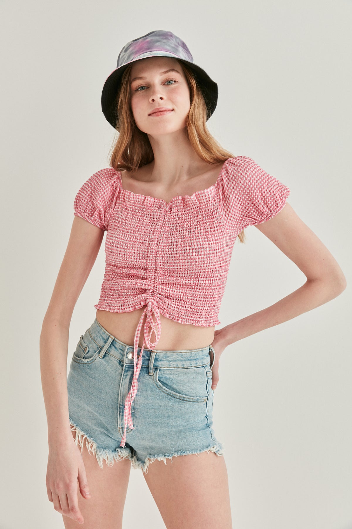 CHECKERED FRONT DRAWSTRING MINI BLOUSE