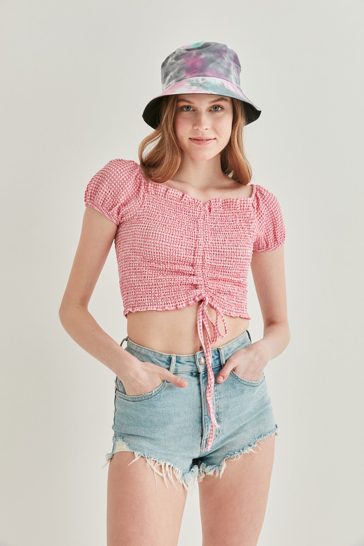 CHECKERED FRONT DRAWSTRING MINI BLOUSE