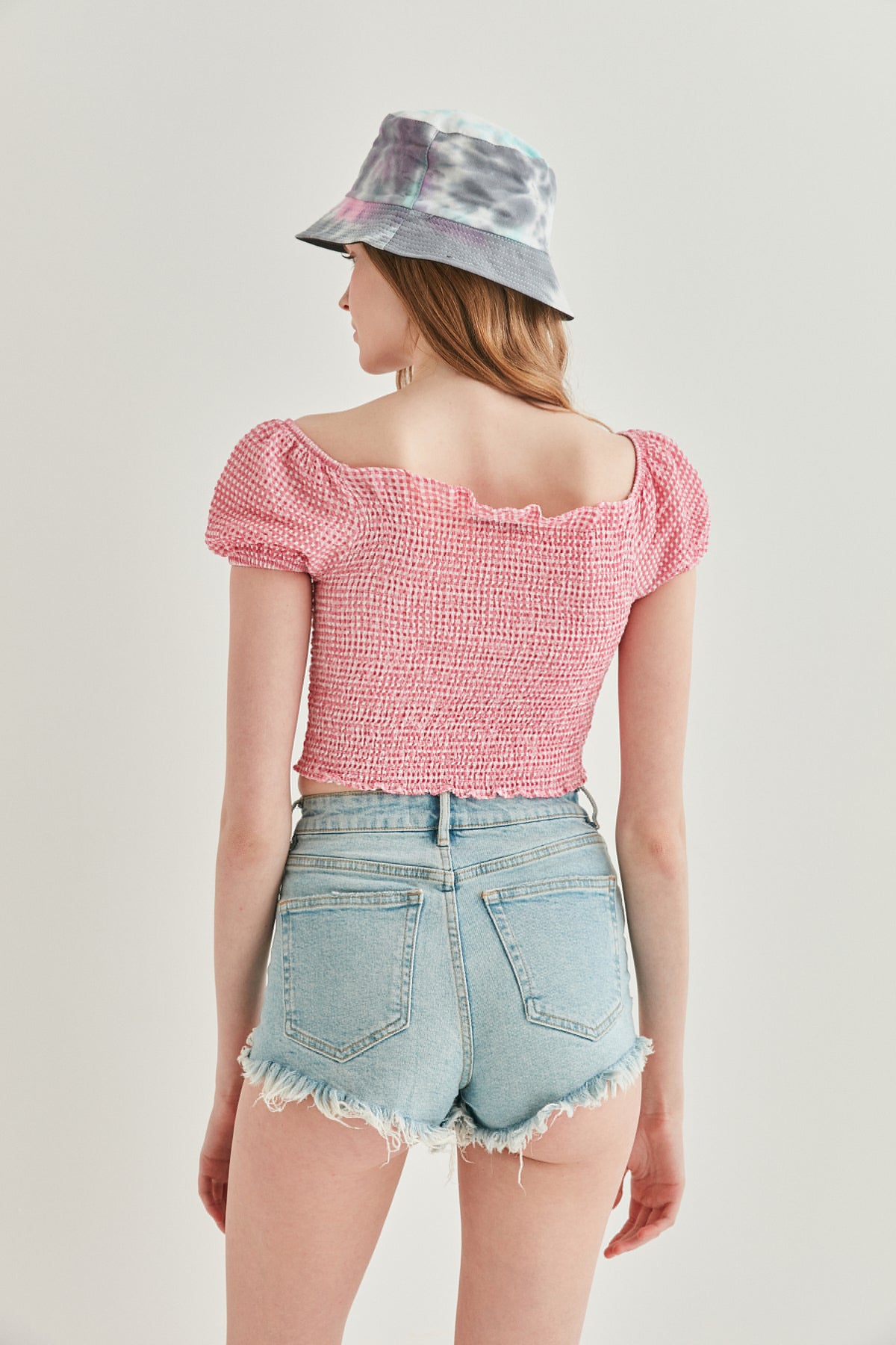 CHECKERED FRONT DRAWSTRING MINI BLOUSE