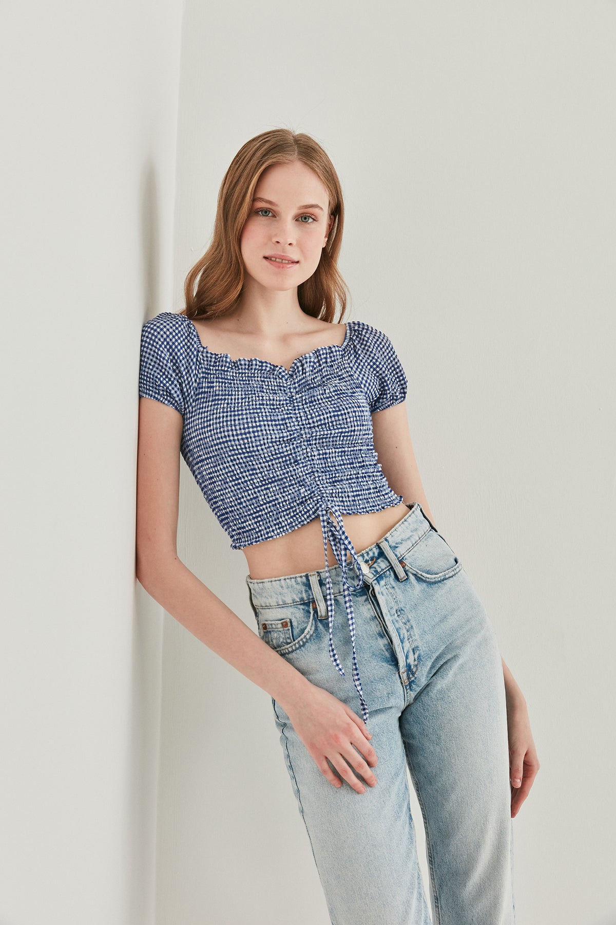 CHECKERED FRONT DRAWSTRING MINI BLOUSE