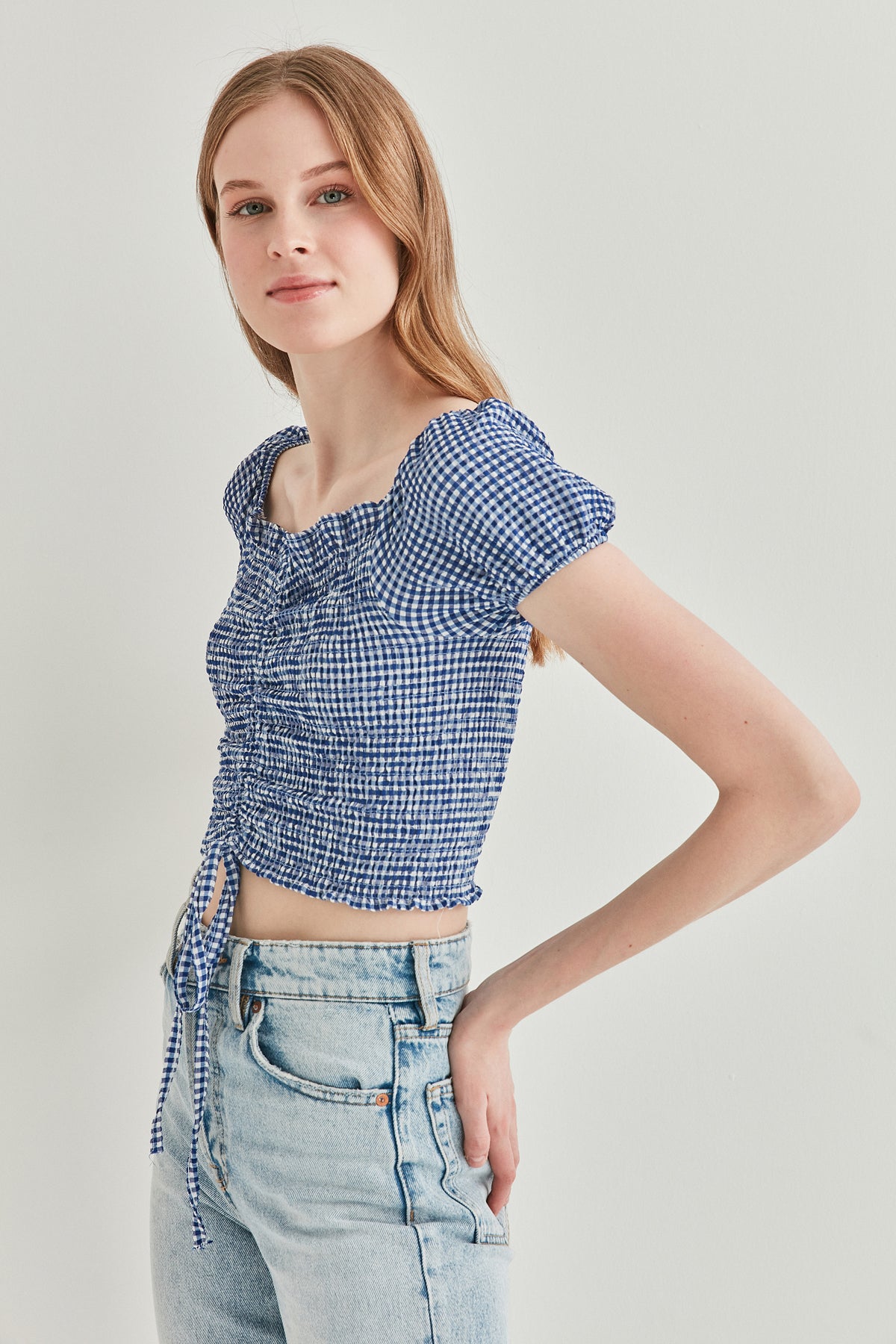 CHECKERED FRONT DRAWSTRING MINI BLOUSE