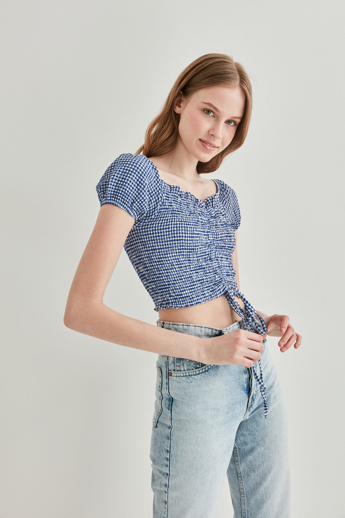 CHECKERED FRONT DRAWSTRING MINI BLOUSE