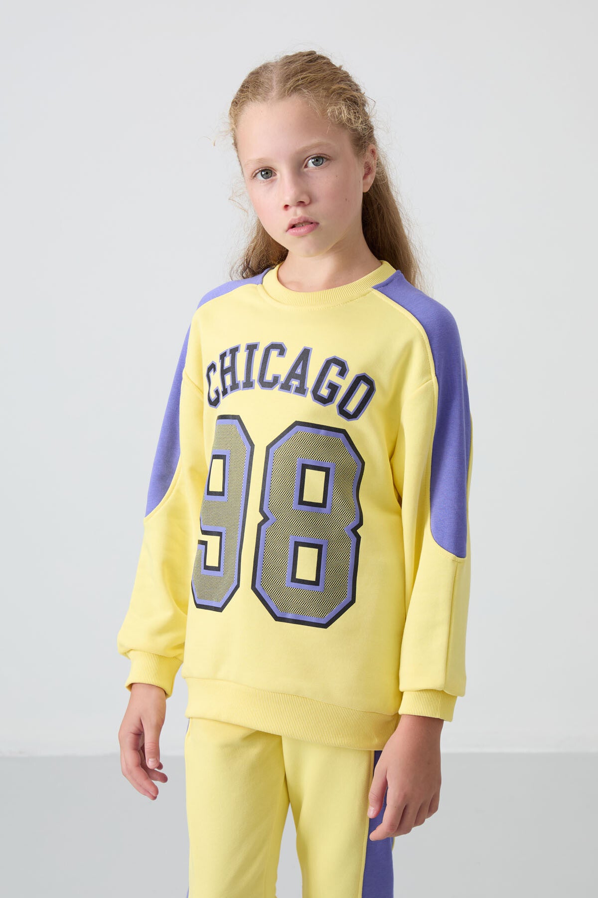 Yellow Cotton Fleece-Lined Soft Textured Standard Fit Printed Girls' Tracksuit Set - 75170