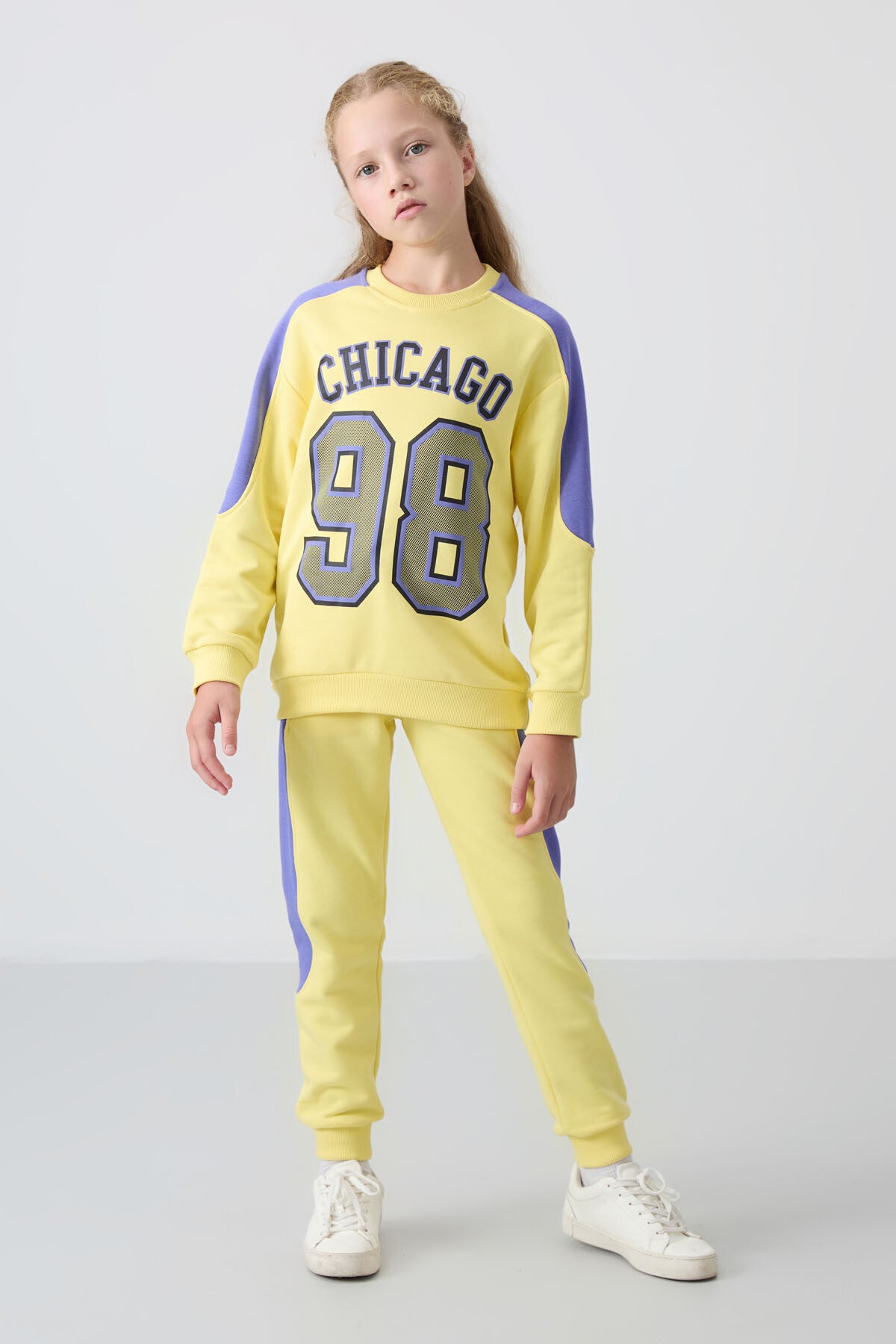 Yellow Cotton Fleece-Lined Soft Textured Standard Fit Printed Girls' Tracksuit Set - 75170