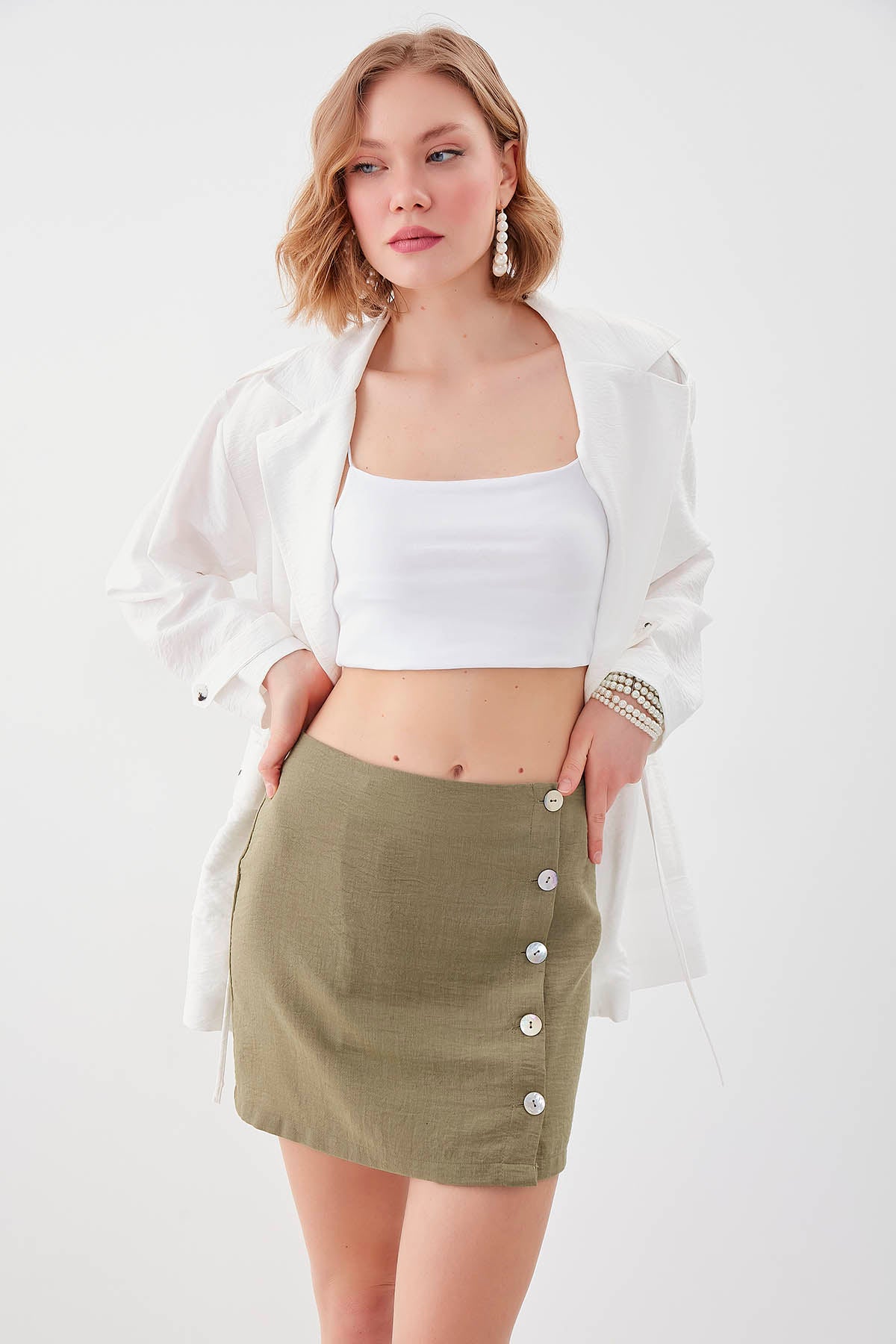 PSORIASIS-BUTTON VISCOSE LINEN MINI-SKIRT