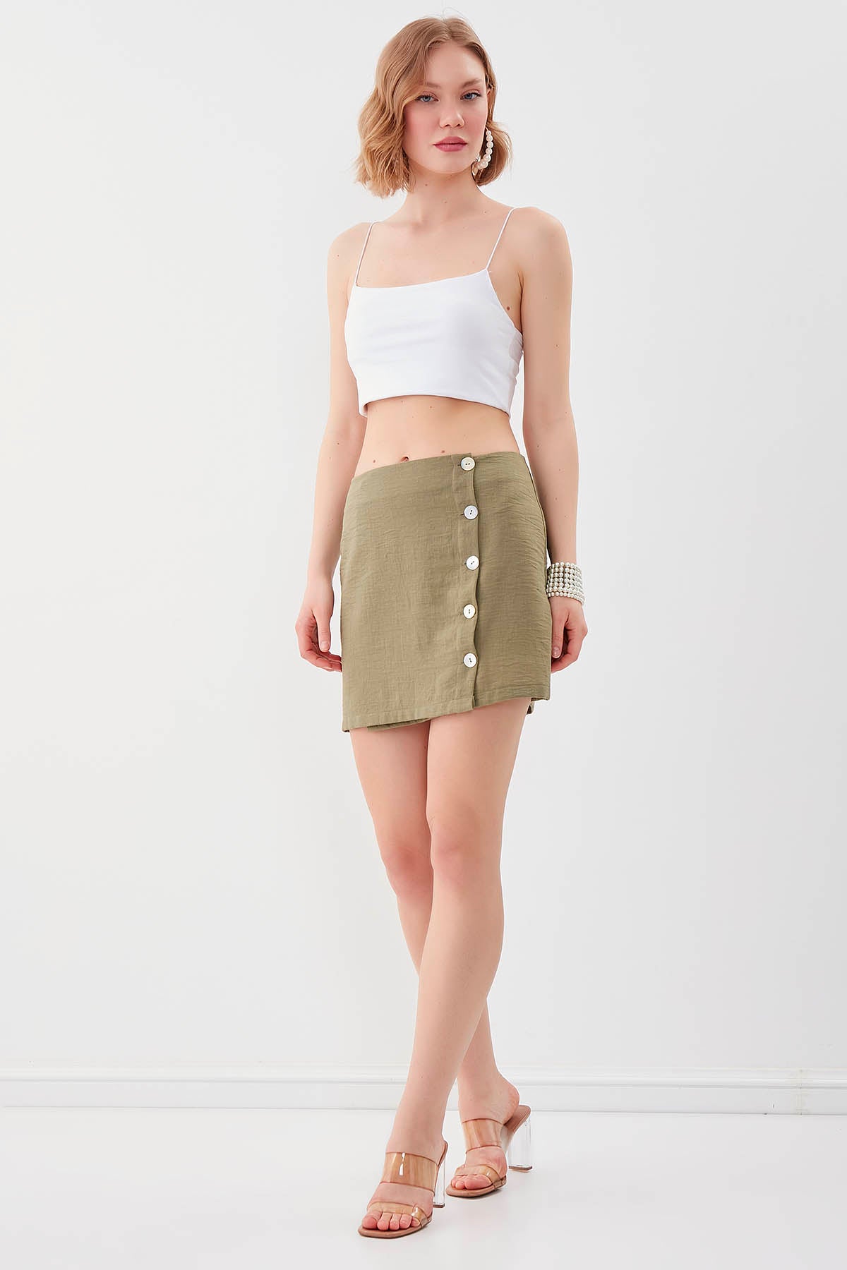 PSORIASIS-BUTTON VISCOSE LINEN MINI-SKIRT
