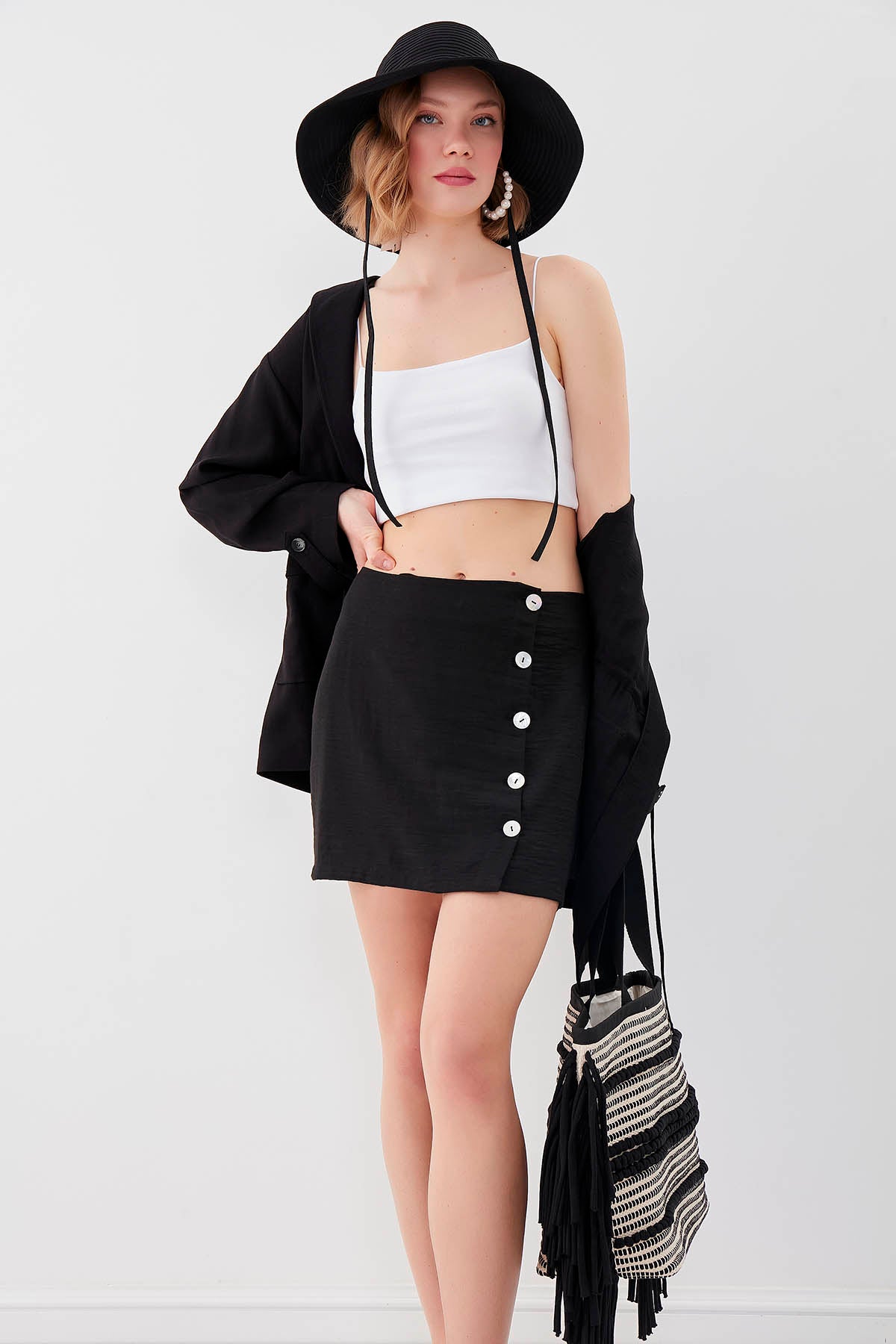 PSORIASIS-BUTTON VISCOSE LINEN MINI-SKIRT