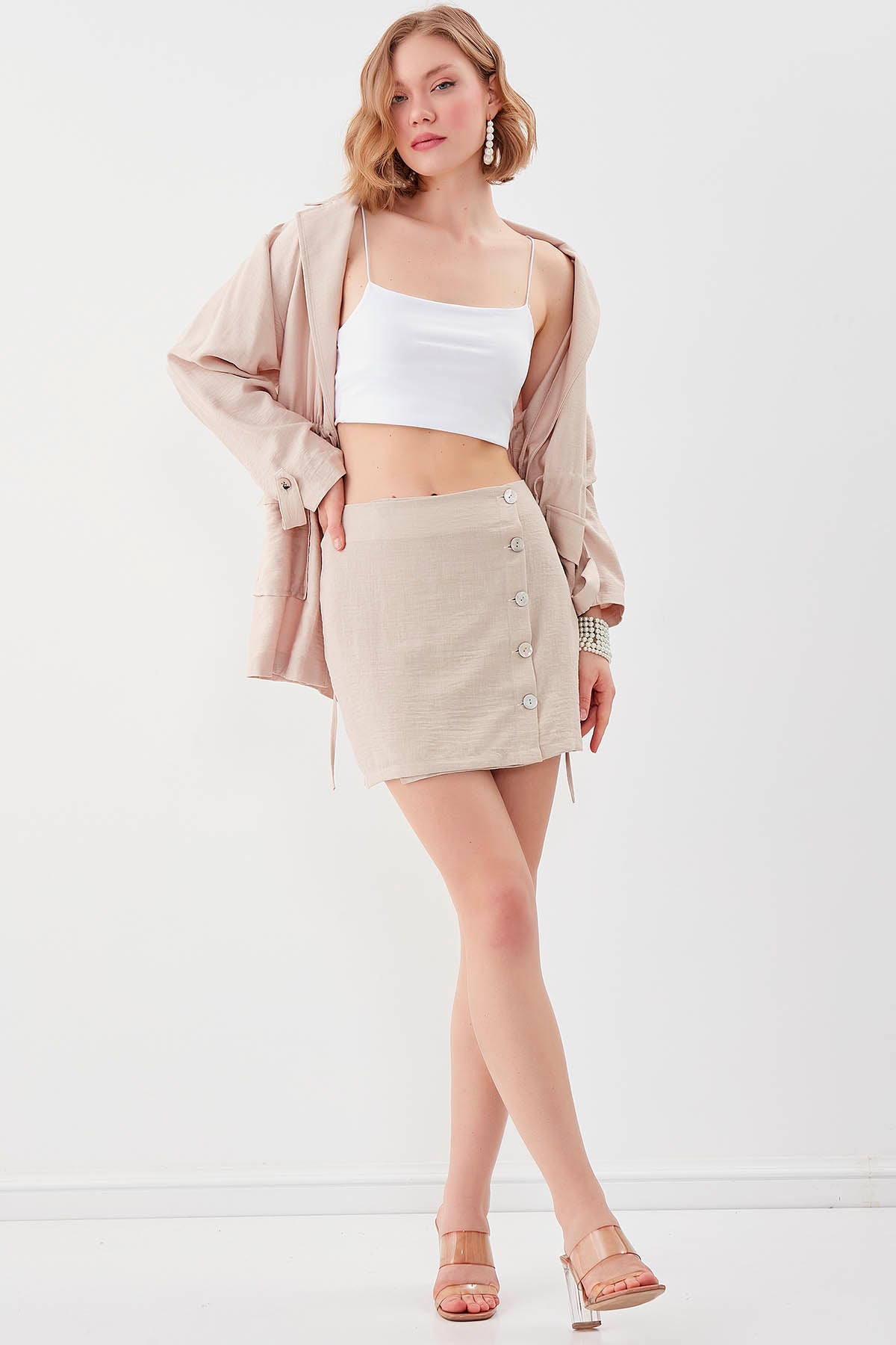 PSORIASIS-BUTTON VISCOSE LINEN MINI-SKIRT