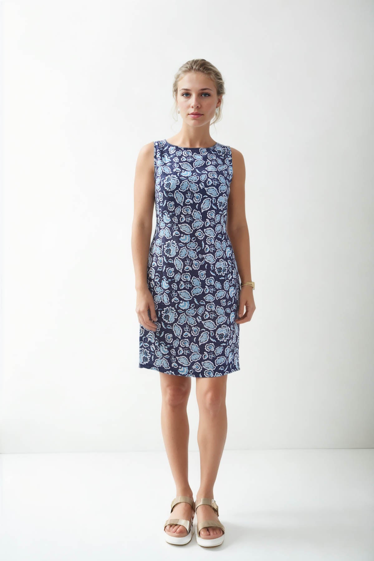 SLEEVELESS FLORAL PATTERN LINEN DRESS
