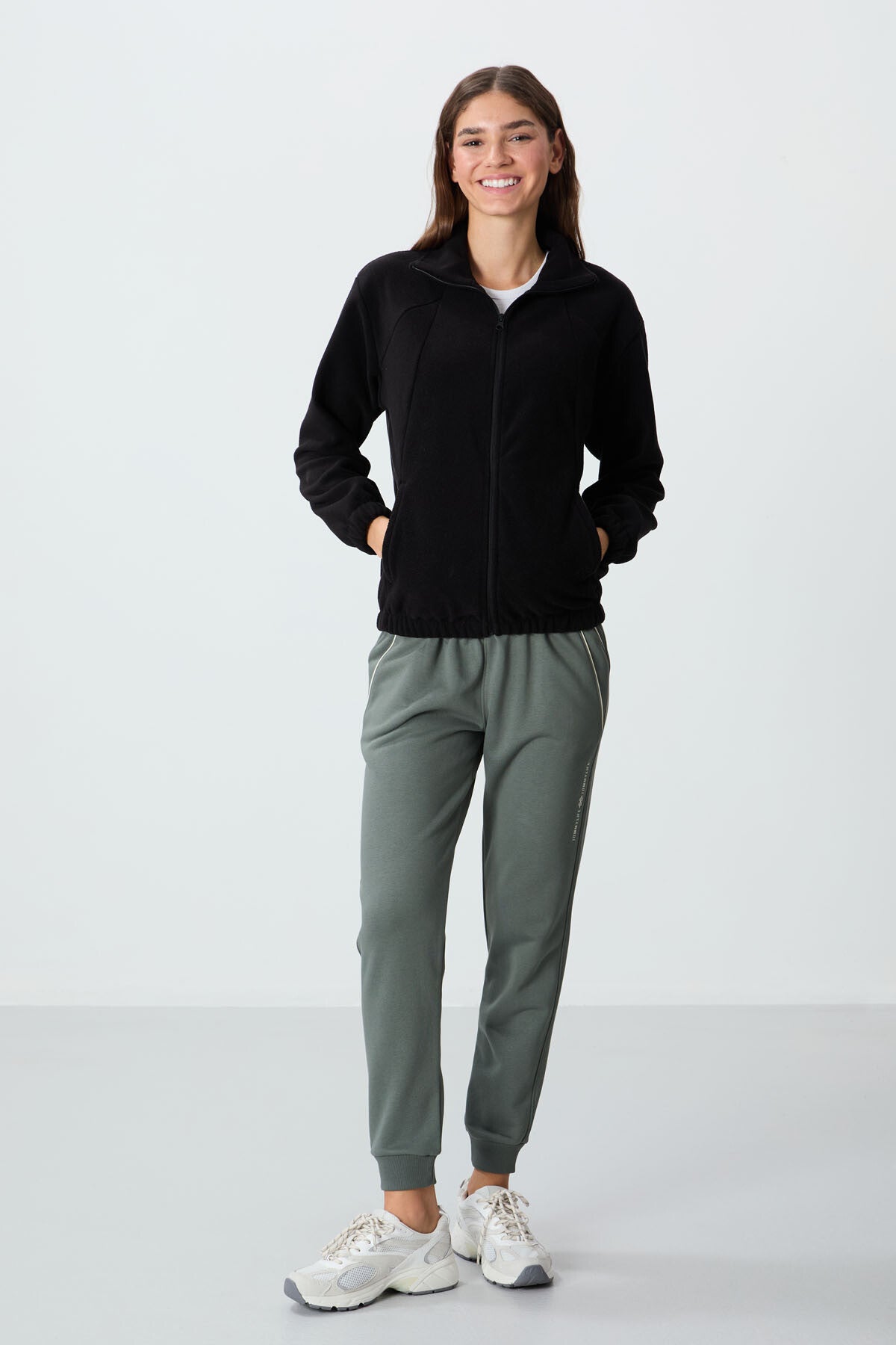 Black Thick Soft Textured High Collar Oversize Embroidered Fleece Women's Sweatshirt - 97293