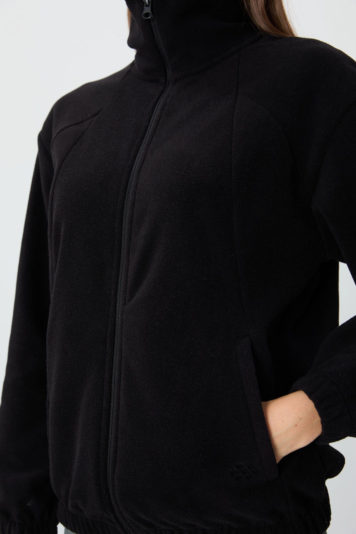 Black Thick Soft Textured High Collar Oversize Embroidered Fleece Women's Sweatshirt - 97293
