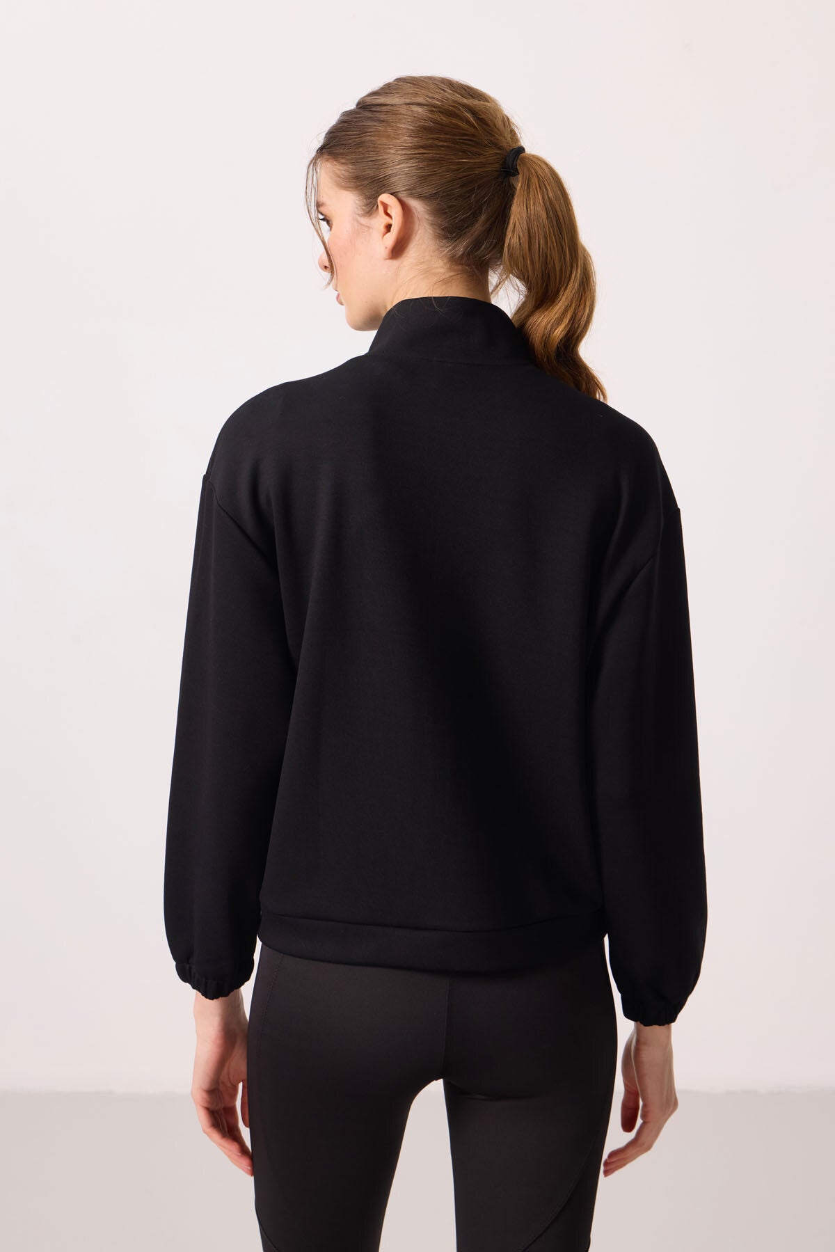 Black Soft Textured High Collar Oversize Cargo Pocket Women's Crop Top Sweatshirt - 97301