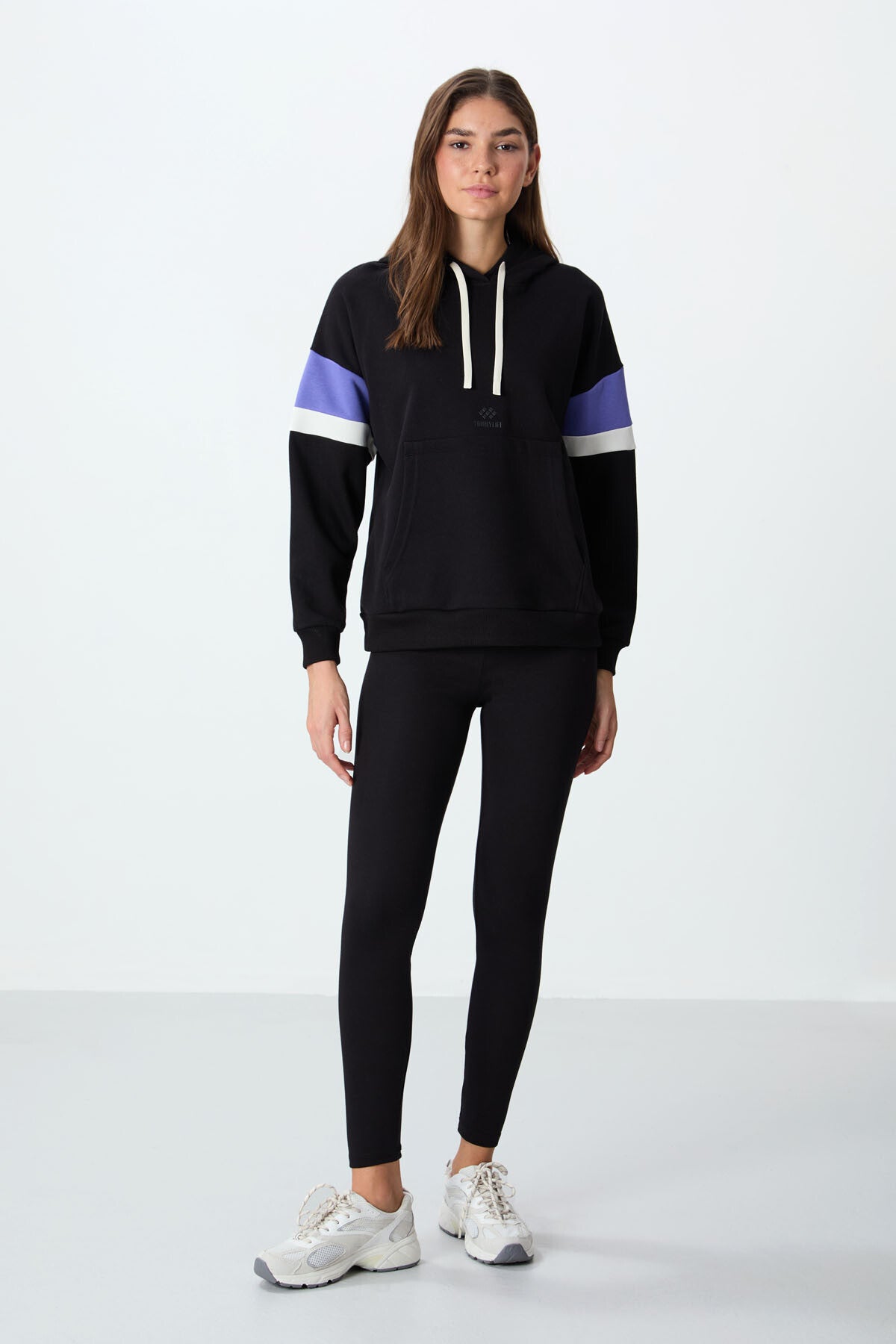 Black Compact Cotton Thick Smooth Textured Hooded Oversize Fit Women's Sweatshirt - 97290