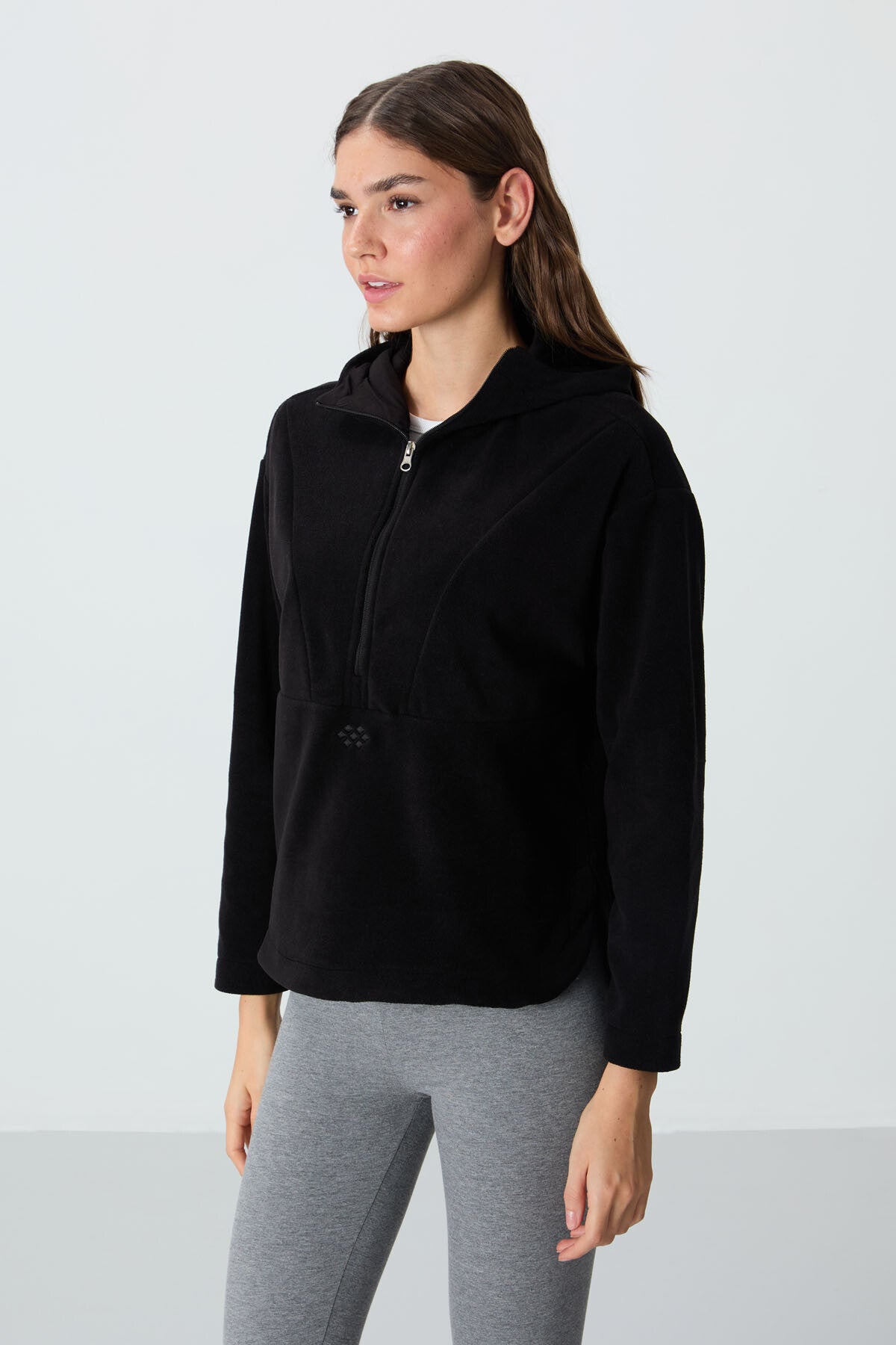Black Thick Soft Textured Oversize Embroidered Hooded Fleece Women's Sweatshirt -97286
