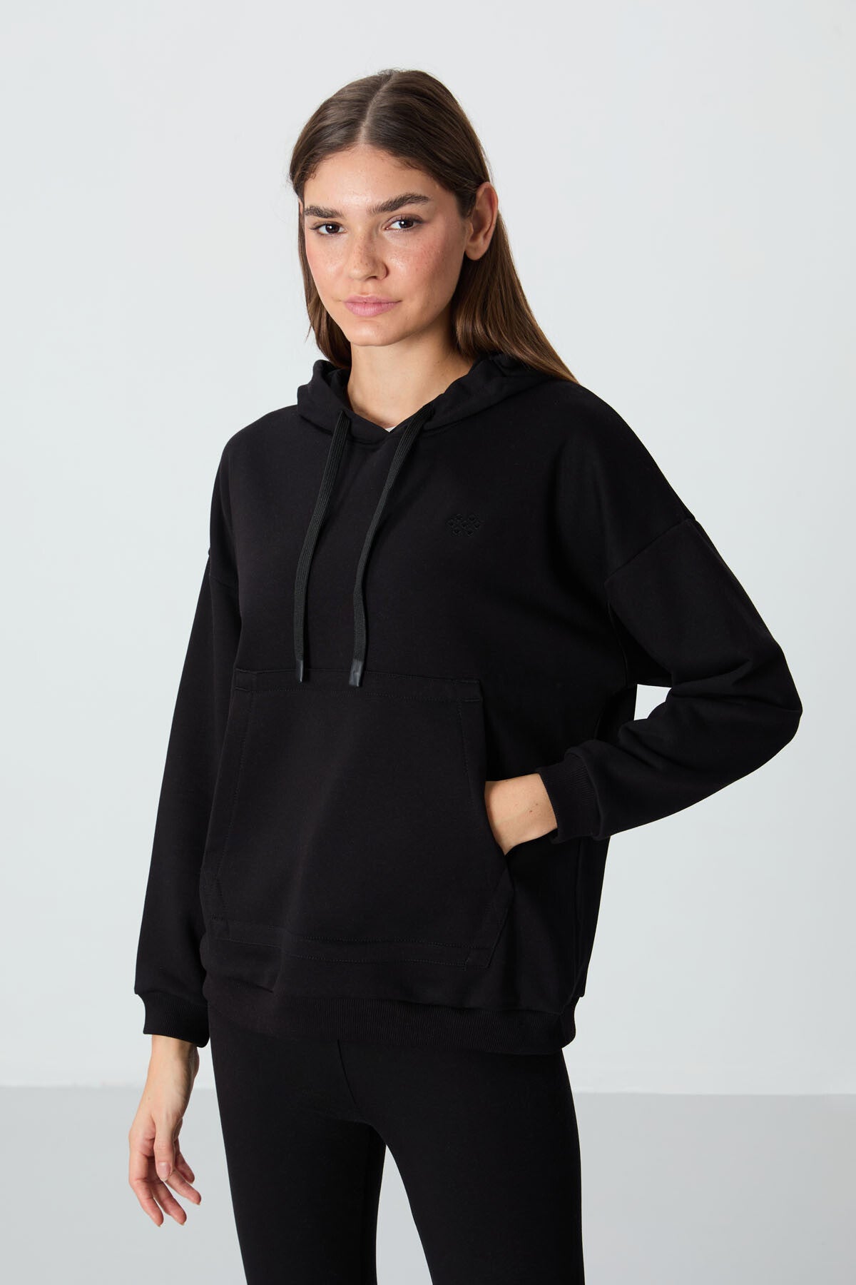 Black Compact Cotton Thick Smooth Textured Hooded Oversize Fit Women's Sweatshirt - 97291