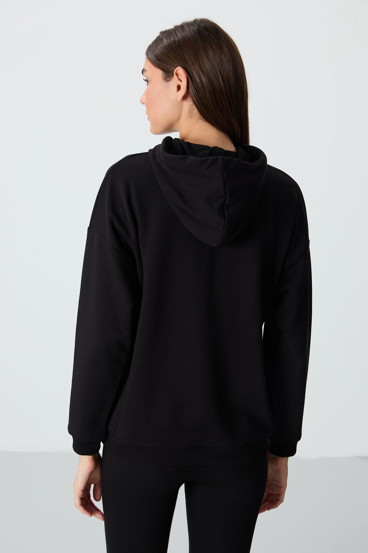 Black Compact Cotton Thick Smooth Textured Hooded Oversize Fit Women's Sweatshirt - 97291