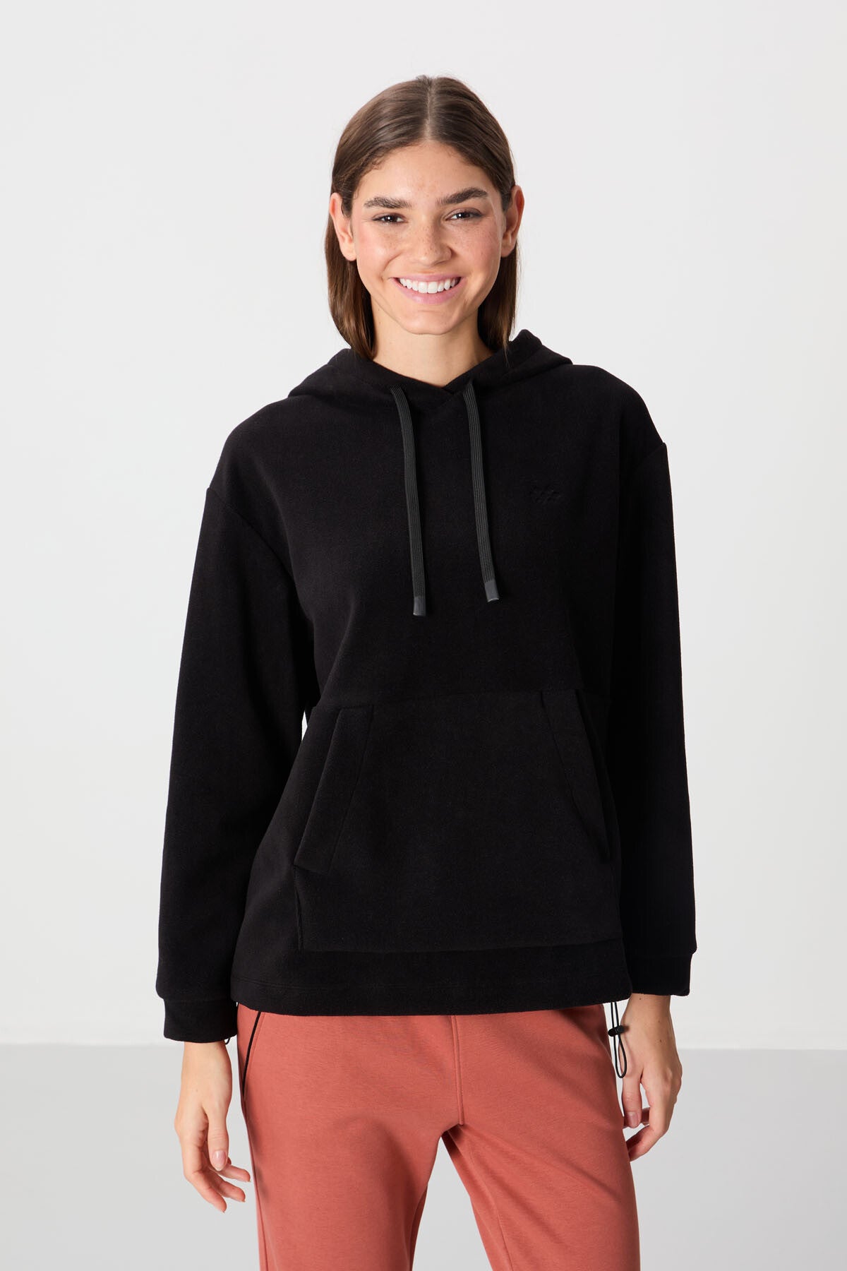 Black Thick Soft Textured Oversize Embroidered Hooded Fleece Women's Sweatshirt - 97292
