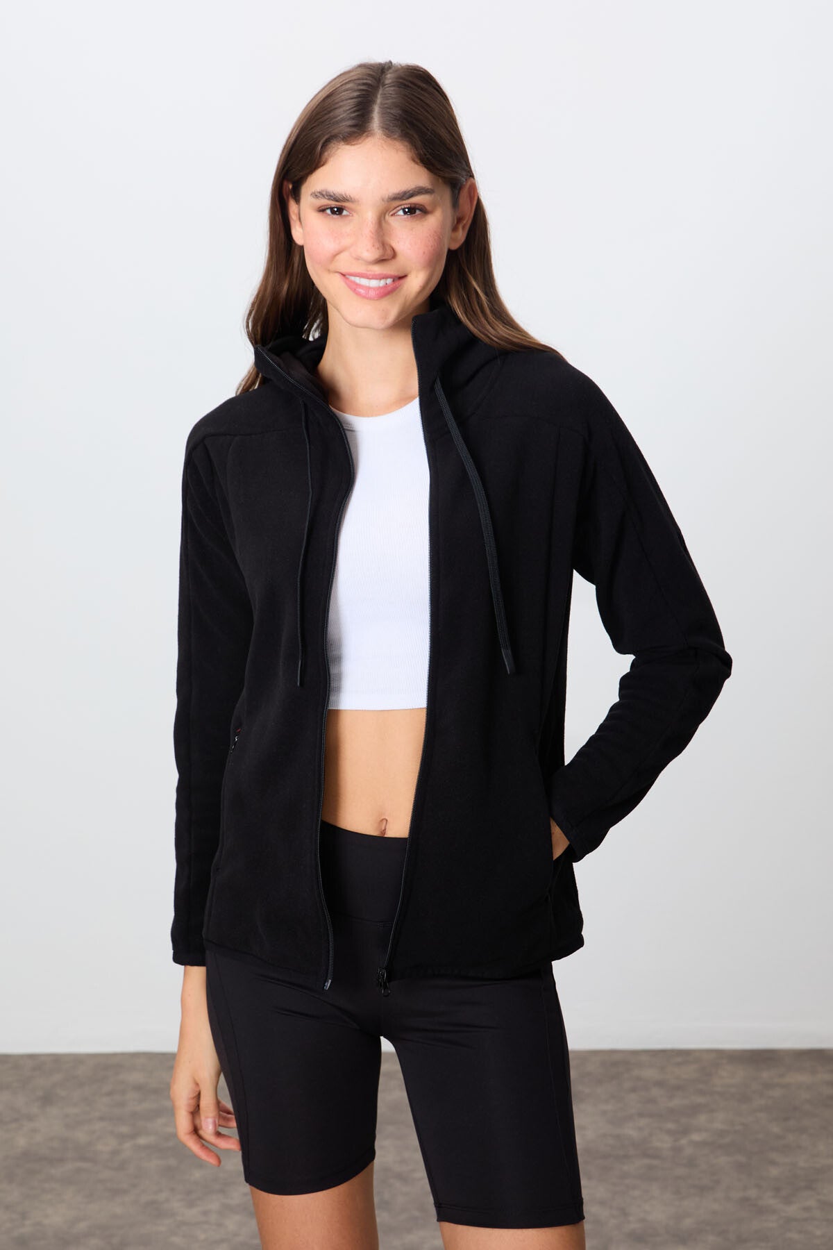 Black Thick Soft Textured Hooded Standard Fit Embroidered Fleece Women's Sweatshirt -97287