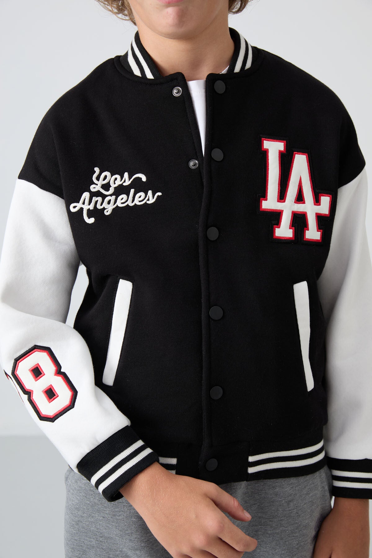 Black Cotton Thick Fleece-Lined Soft Textured Standard Fit Embroidered Boys' College Jacket - 11258