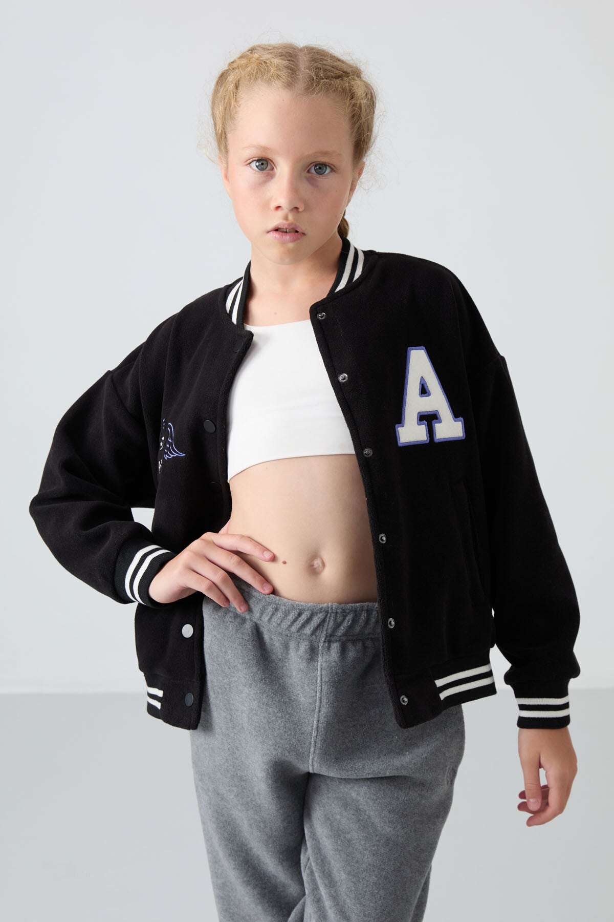Black Thick Soft Textured Standard Fit Embroidered Fleece Girls' College Jacket - 75156