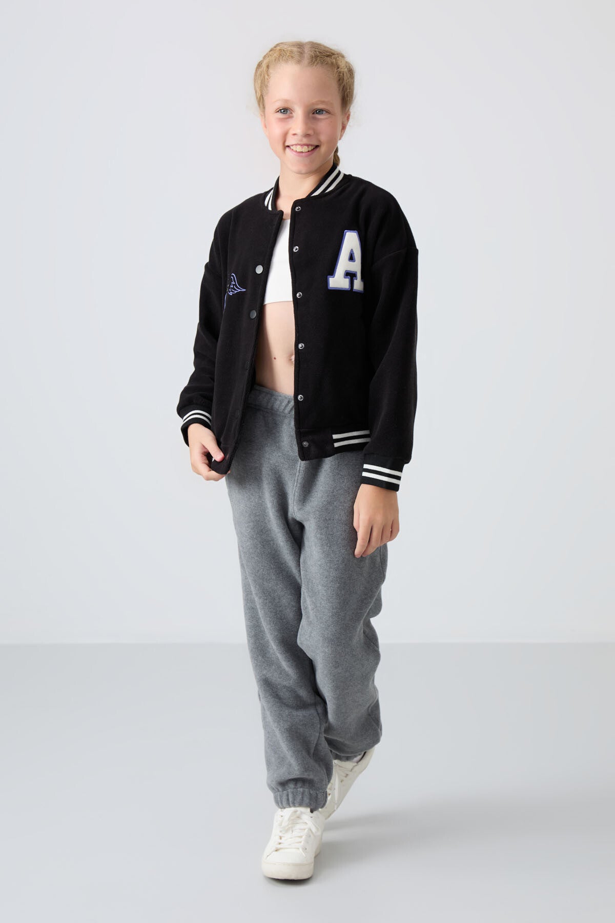 Black Thick Soft Textured Standard Fit Embroidered Fleece Girls' College Jacket - 75156
