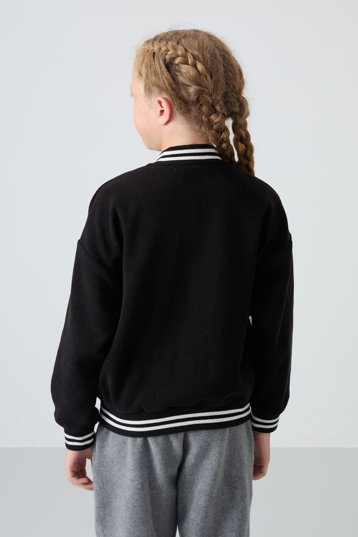 Black Thick Soft Textured Standard Fit Embroidered Fleece Girls' College Jacket - 75156