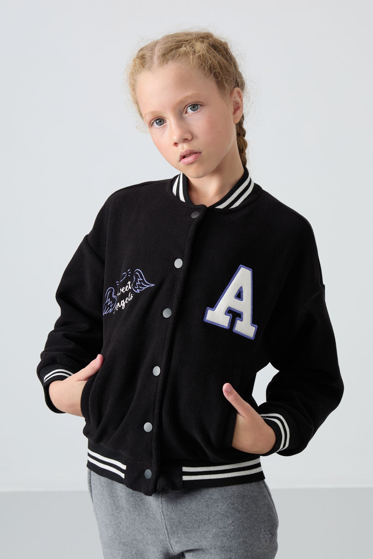Black Thick Soft Textured Standard Fit Embroidered Fleece Girls' College Jacket - 75156