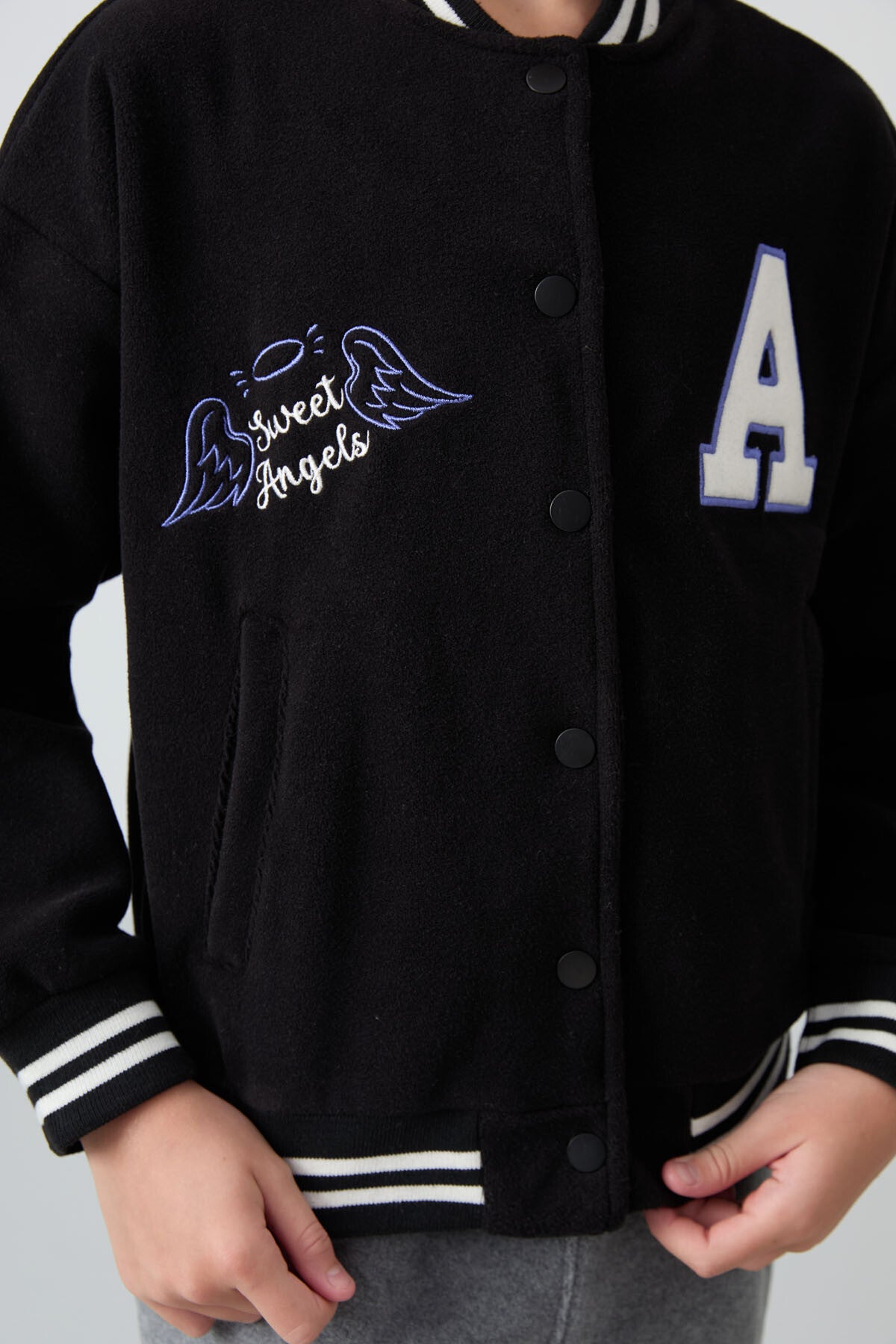 Black Thick Soft Textured Standard Fit Embroidered Fleece Girls' College Jacket - 75156