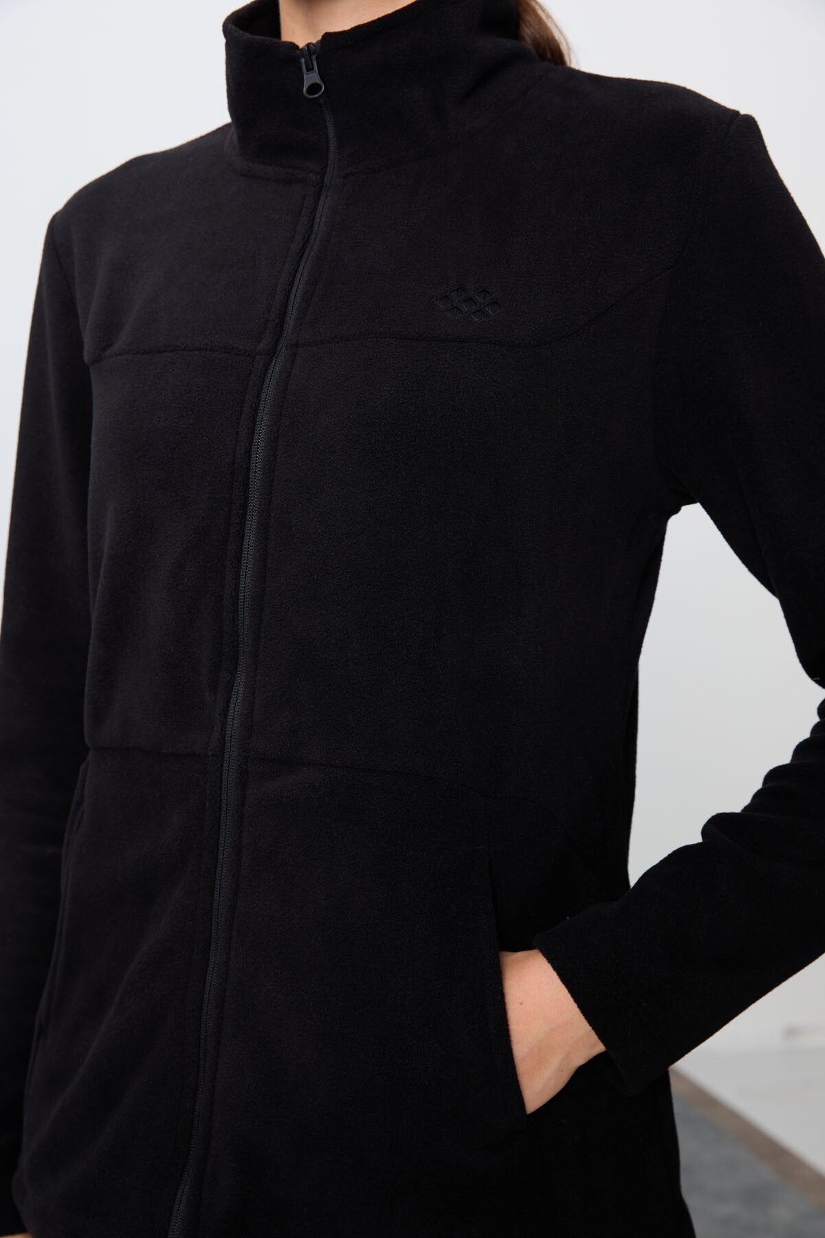 Black Thick Soft Textured Stand Collar Oversize Embroidered Fleece Women's Tracksuit Set -95339