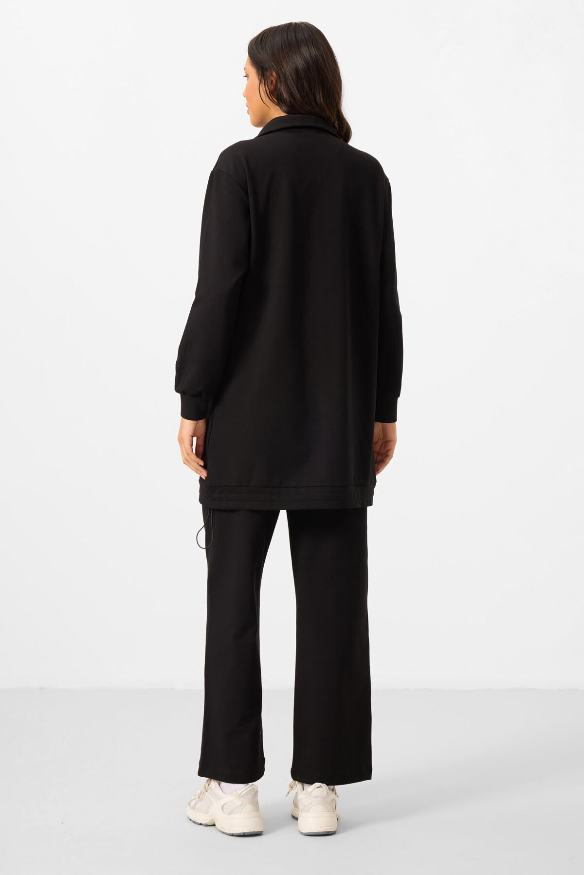 Black High Neck Zippered Cotton Women's Tracksuit Tunic Set - 95346