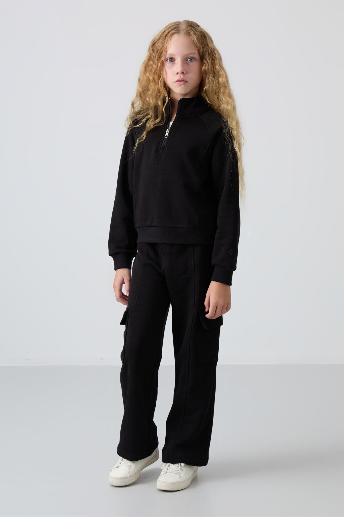 Black Cotton Fleece-Lined Soft Textured Standard Fit Embroidered Girl's Tracksuit Set - 75159
