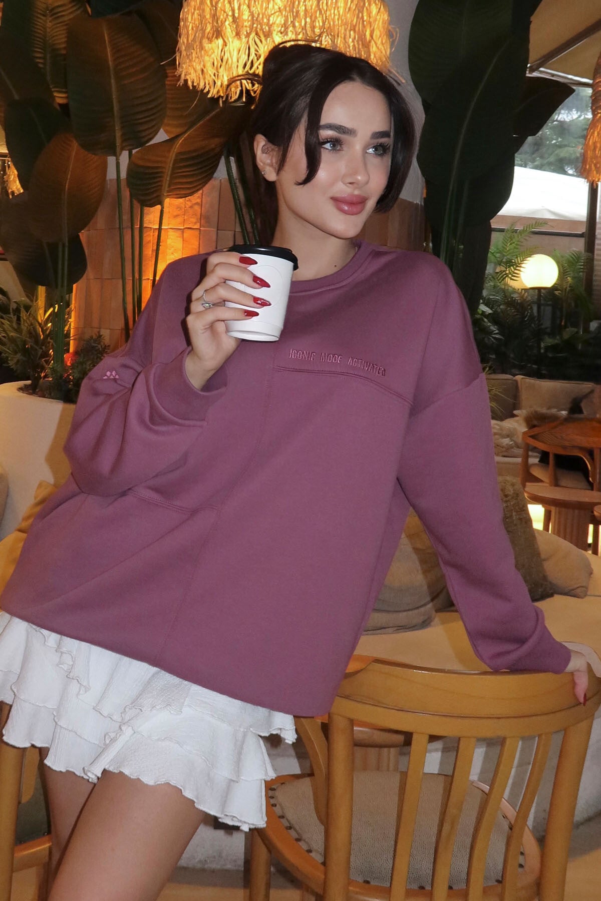 Soft Cherry Compact Cotton Thick Smooth Textured O Collar Oversize Fit Women's Sweatshirt - 97288