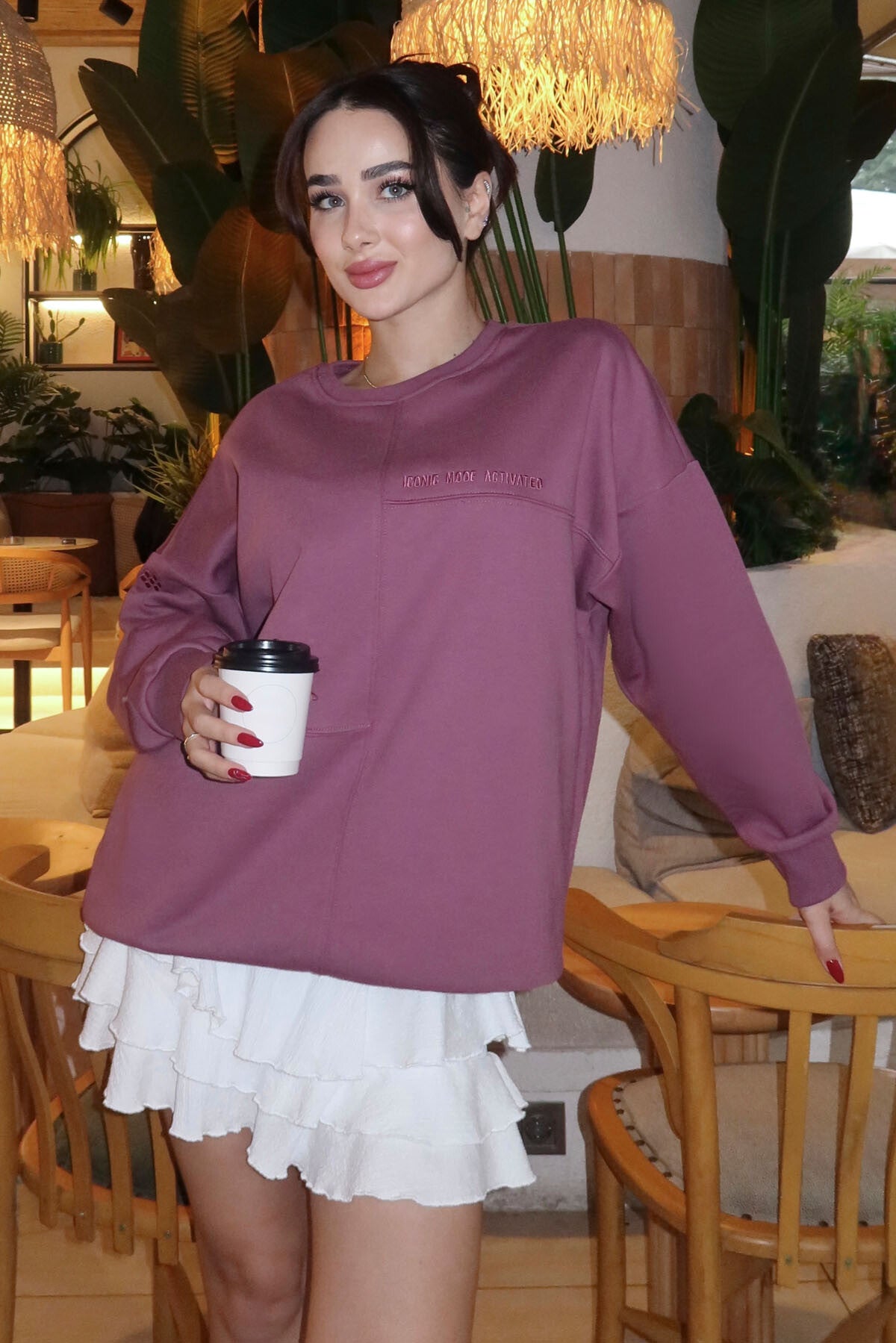 Soft Cherry Compact Cotton Thick Smooth Textured O Collar Oversize Fit Women's Sweatshirt - 97288