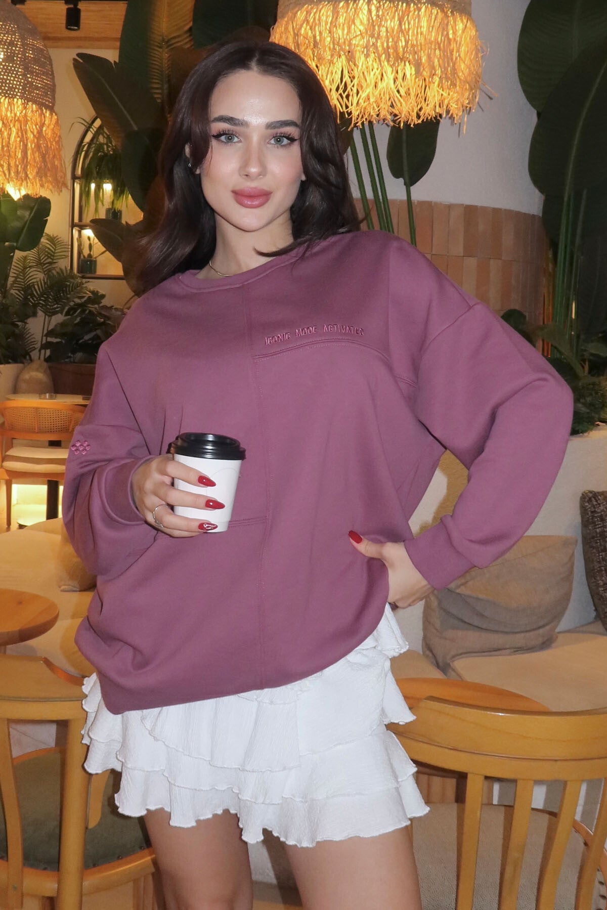 Soft Cherry Compact Cotton Thick Smooth Textured O Collar Oversize Fit Women's Sweatshirt - 97288