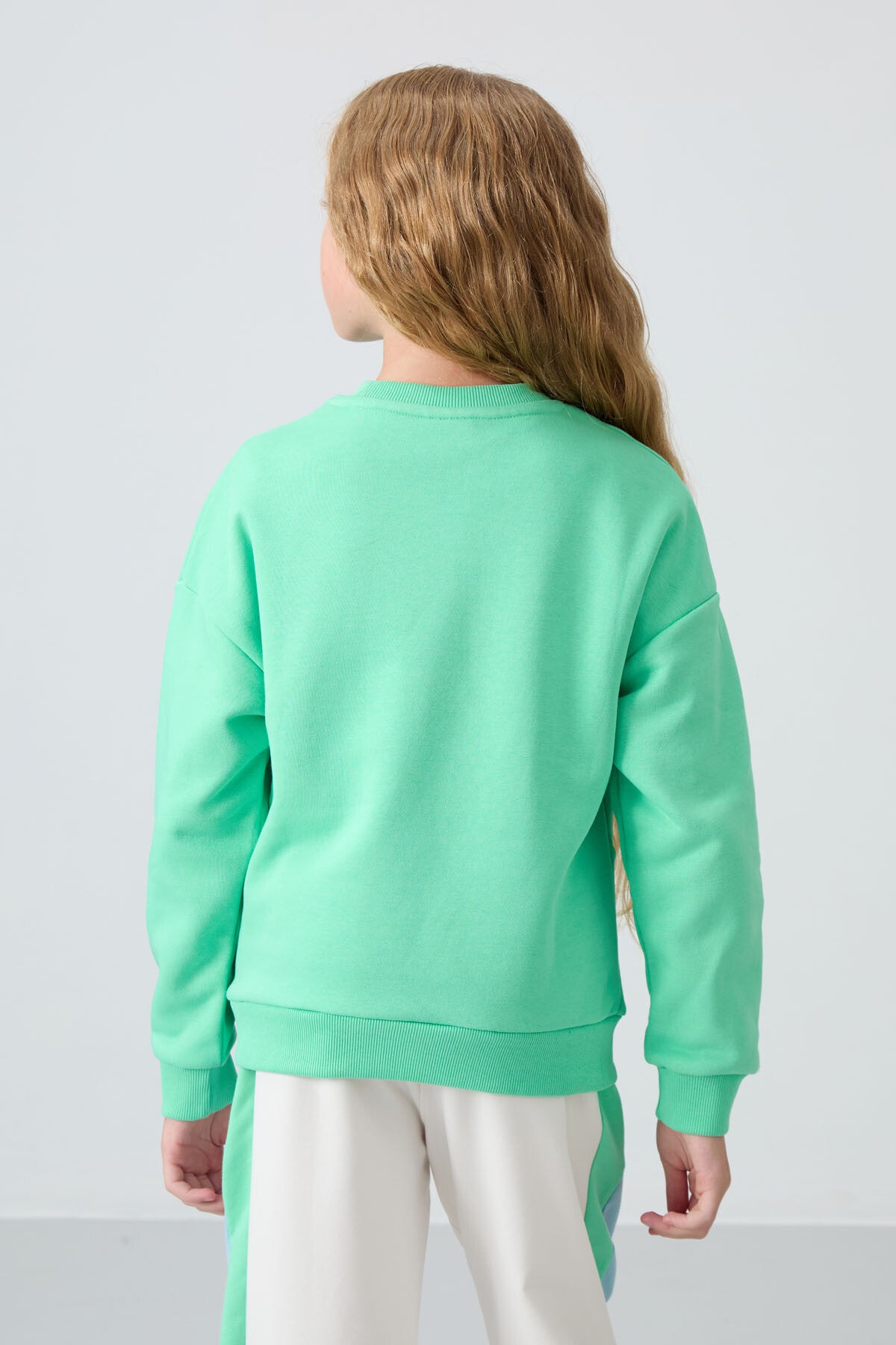 Light Green Cotton Fleece-Lined Soft Textured Oversize Embroidered Girls' Sweatshirt - 75150