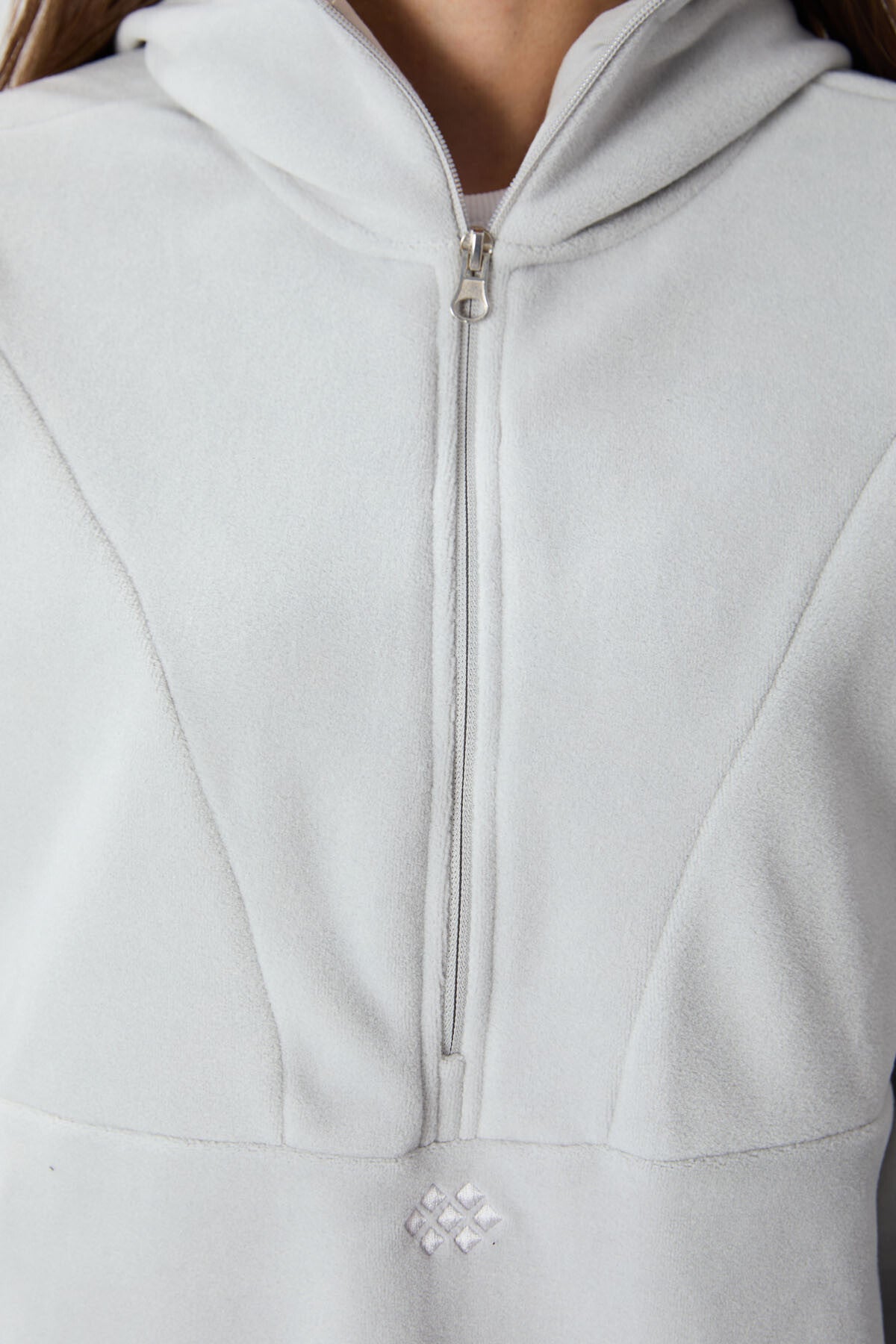 Thick Stone Soft Textured Hooded Oversize Embroidered Fleece Women's Sweatshirt -97286